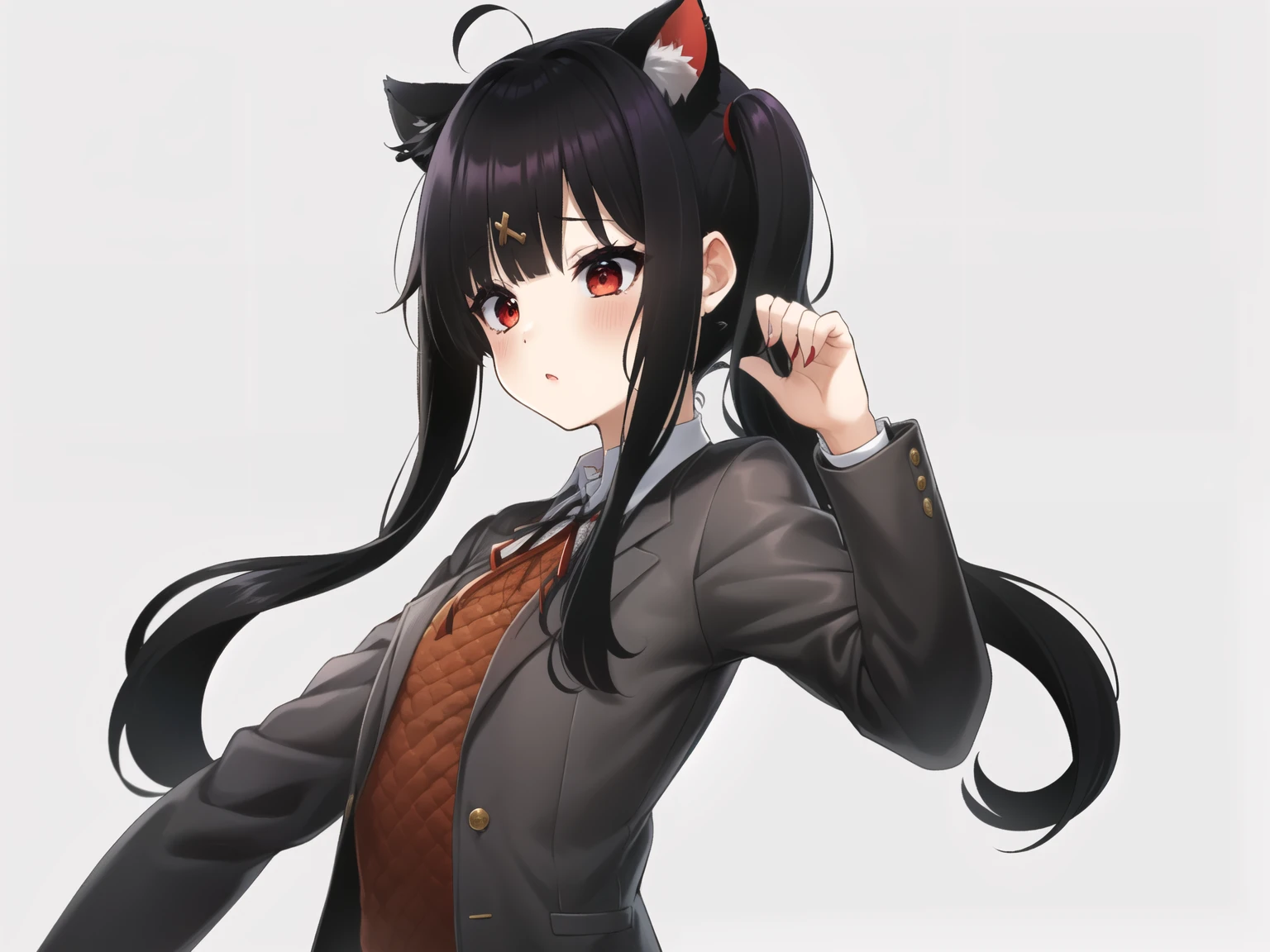 2d, obra maestra, Mejor calidad, animado, muy detallado, tiro de vaquero, 1 chica, solo, yuri, ,((long hair slightly wavy slightly past the shoulders, black bangs, small black pigtails on the sides, cute cat ears, beautiful thin red eyes)),, [[pechos grandes]], , uniforme escolar, Brown sweater, camisa de cuello, cinta para el cuello, falda azul, de pie, propias manos juntas, inexpresivo, aula 