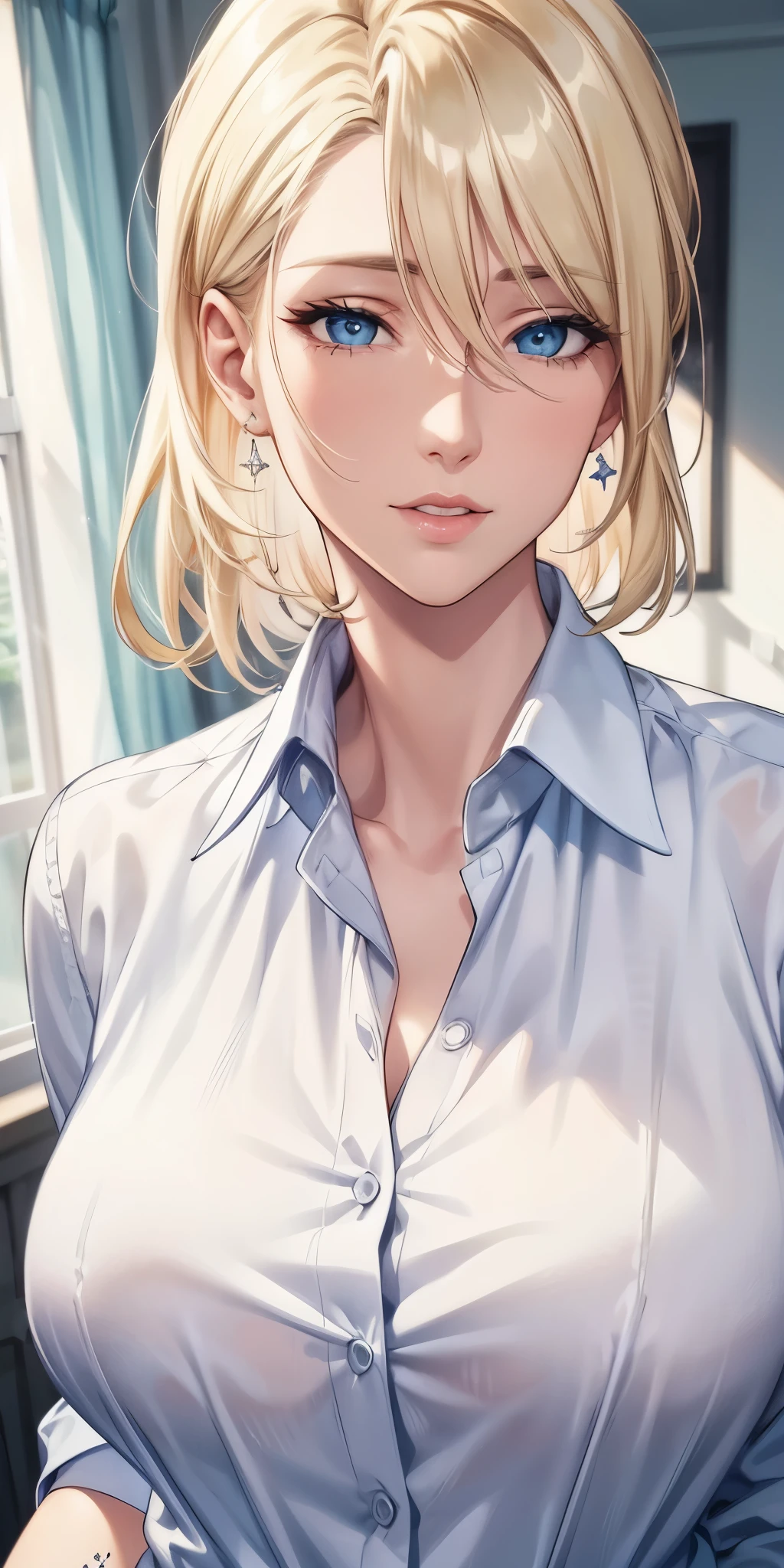 portrait, realistic, blue eyes, blonde hair, big breast, 4k resolution, high quality cg, beautiful cg, soft light,