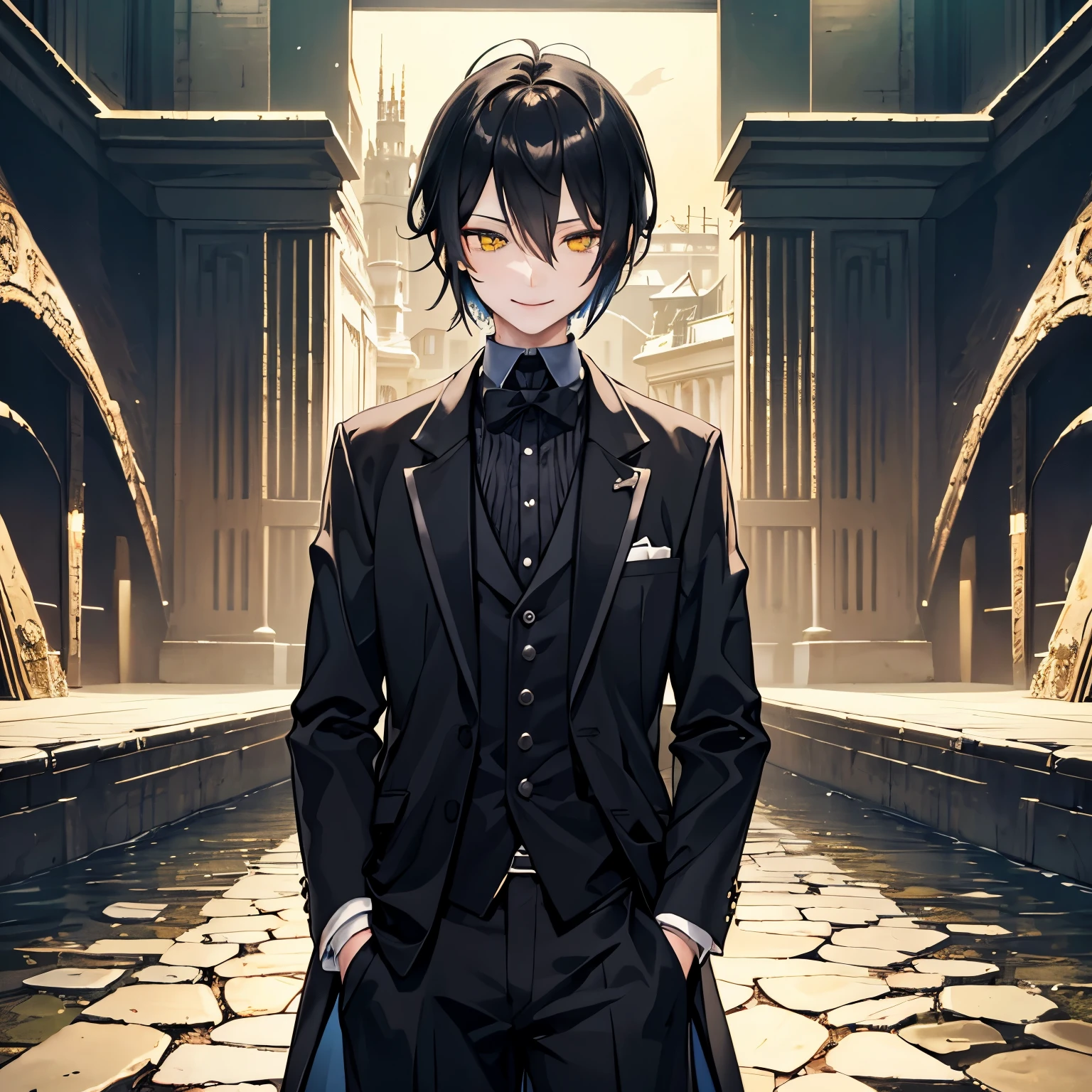 (masterpiece、4K、detailed) Cool butler、(Black bob hair、Alone、looking at the camera、drooping eyes、yellow eyes、smile、hands are in pockets)The background is the sea、sandy beach