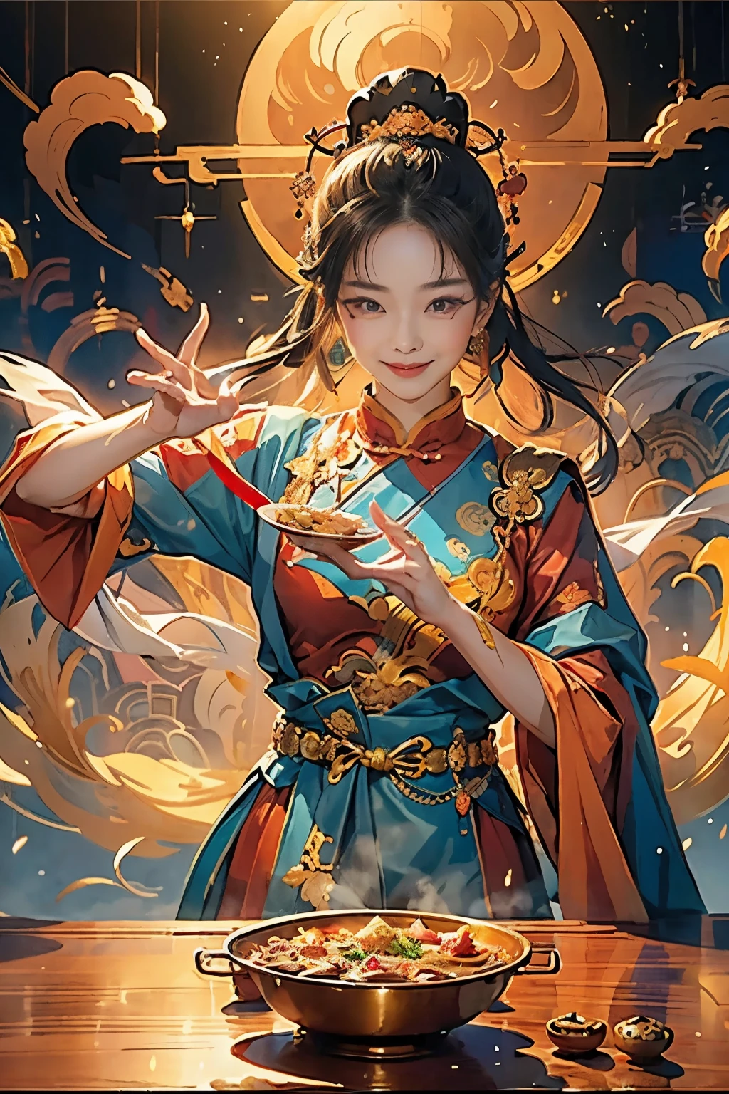 (Masterpiece, Top Quality, Best Quality, Official Art, Beautiful and Aesthetic: 1.2), (1 girl), Watercolor painting, Traditional Chinese girl, Eating hot pot, Tang Dynasty fantasy, Happy dancing, Cheerful laughter, Positive attitude, Rich and colorful animated stills, Non-traditional,

A beautiful and intricately crafted watercolor painting in the finest details, 1.2 layers deep, showcasing a traditional Chinese girl, her smile radiant with joy as she savors the delightful flavors of a steaming hot pot, in the heart of a Tang Dynasty fantasy,

Her vibrant attire and