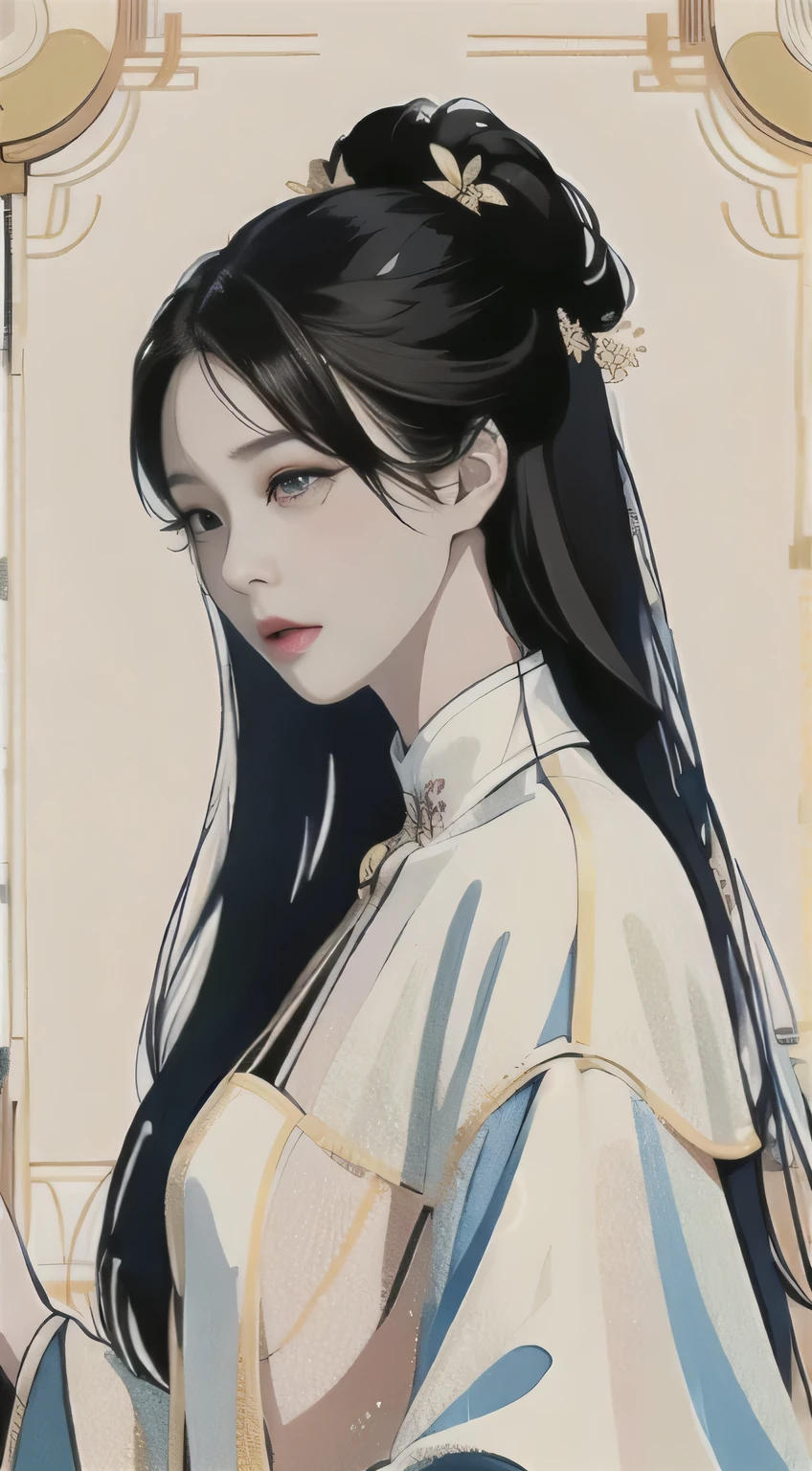 a drawing of a woman with long black hair and a white dress, in the art style of bowater, korean girl, portrait jisoo blackpink, beautiful drawing style, anime girl with long hair, digital anime illustration, digital art of an elegant, trending on artstration, portrait of female korean idol, beautiful south korean woman, exquisite digital illustration, korean woman, beautiful anime woman