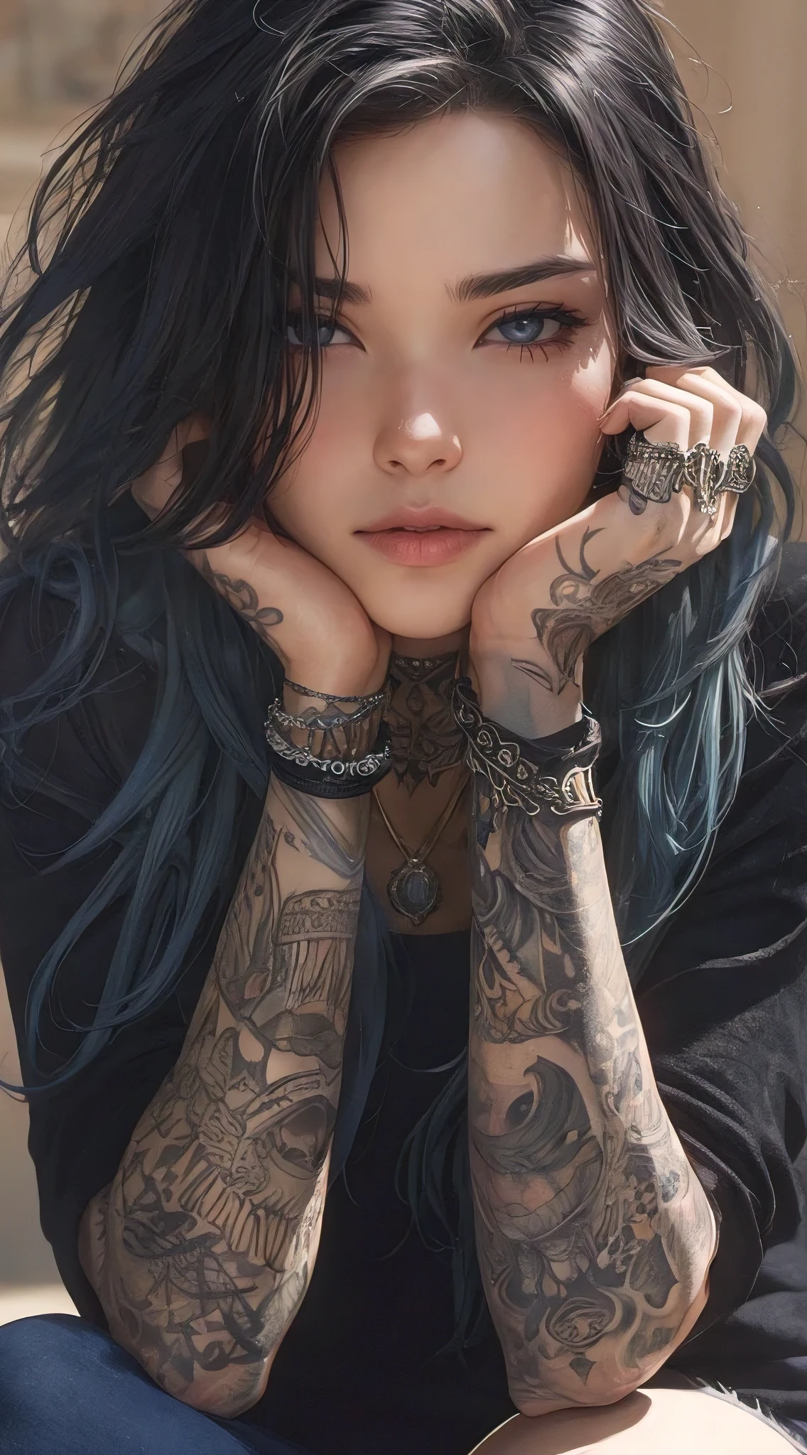 (best quality, masterpiece:1.2), attractive woman with full body tattoo, detailed eyes, detailed lips, long eyelashes, vibrant colors, realistic portrait, high-quality details, intricate tattoo design, professional photography, studio lighting, paintbrush strokes, bold and vibrant colors, fine art, the woman is smiling, confident pose, dark and moody background, edgy and stylish, photo-realistic rendering, iconic image, inked masterpiece, impeccable skin texture