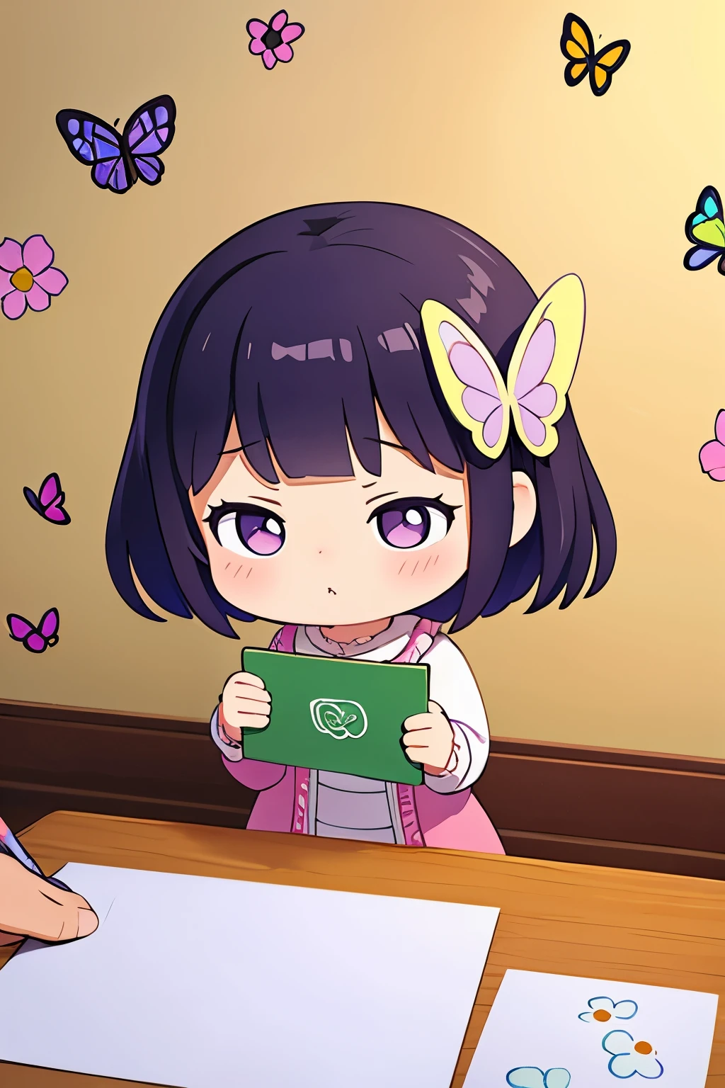 The following scenes will be expressed using chibi girl dolls.(Photoreal、A girl is drawing pictures of tulip flowers and butterflies on the wall with crayons.、The picture is a child's doodle, but it's very colorful.)