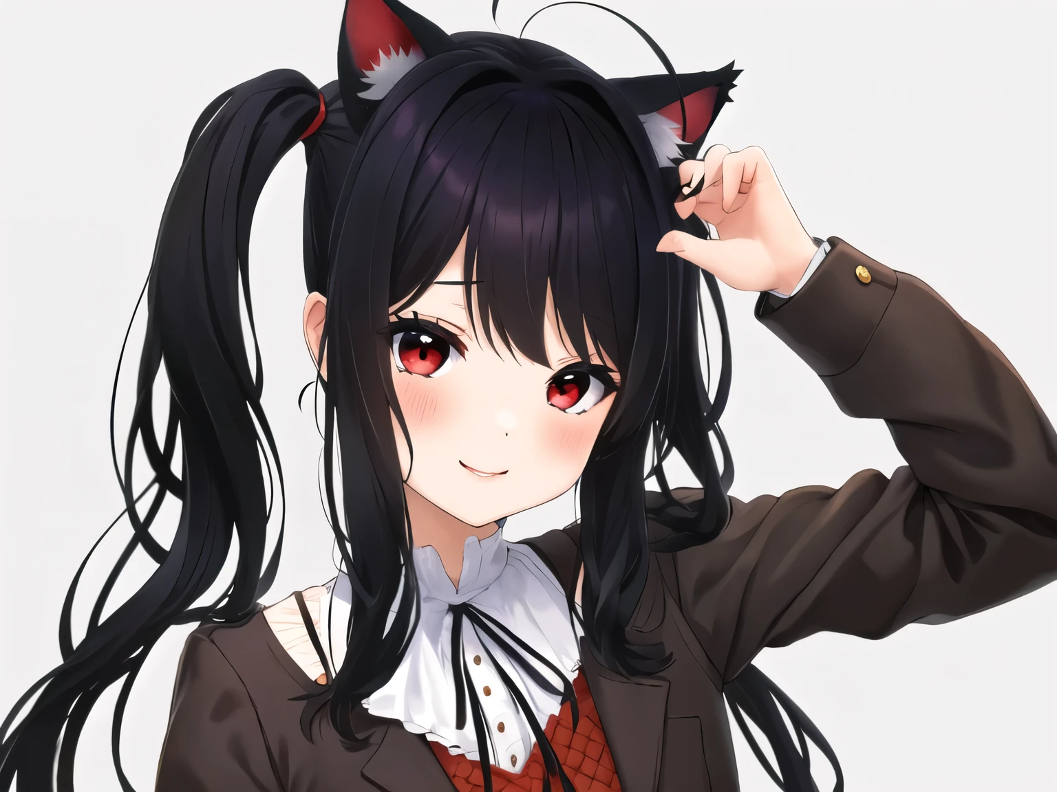 2d, obra maestra, Mejor calidad, animado, muy detallado, tiro de vaquero, 1 chica, solo,,((long hair slightly wavy slightly past the shoulders, black bangs, small black pigtails on the sides, cute cat ears, beautiful thin red eyes)), adorno para el pelo, Brown jacket, Camisa blanca, , falda azul, mangas largas, Arco rojo, calcetines negros,  sonriente, feliz, Monica, contenido descargable, antecedentes escolares, de pie, mano en la cadera, inclinado hacia adelante