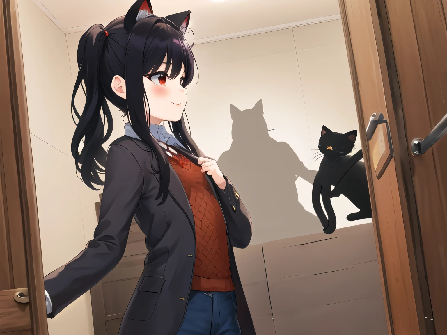 2d, obra maestra, Mejor calidad, animado, muy detallado, tiro de vaquero, 1 chica, solo,,((long hair slightly wavy slightly past the shoulders, black bangs, small black pigtails on the sides, cute cat ears, beautiful thin red eyes)), adorno para el pelo, Brown jacket, Camisa blanca, , falda azul, mangas largas, Arco rojo, calcetines negros,  sonriente, feliz, Monica, contenido descargable, antecedentes escolares, de pie, mano en la cadera, inclinado hacia adelante