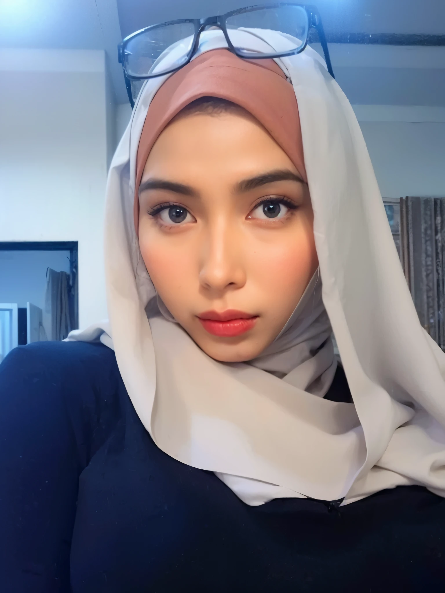 (best quality,8k,highres,masterpiece:1.2), realistic, photorealistic:1.37, UHD, studio lighting, sharp focus, extreme detail description, professional, vivid colors, bokeh, portraits, extremely detailed face texture, beautiful detailed eyes, beautiful detailed lips, extremely detailed hijab, youthful appearance, vulgar face, erotica, cleavage, big round breast, clean face, glasses