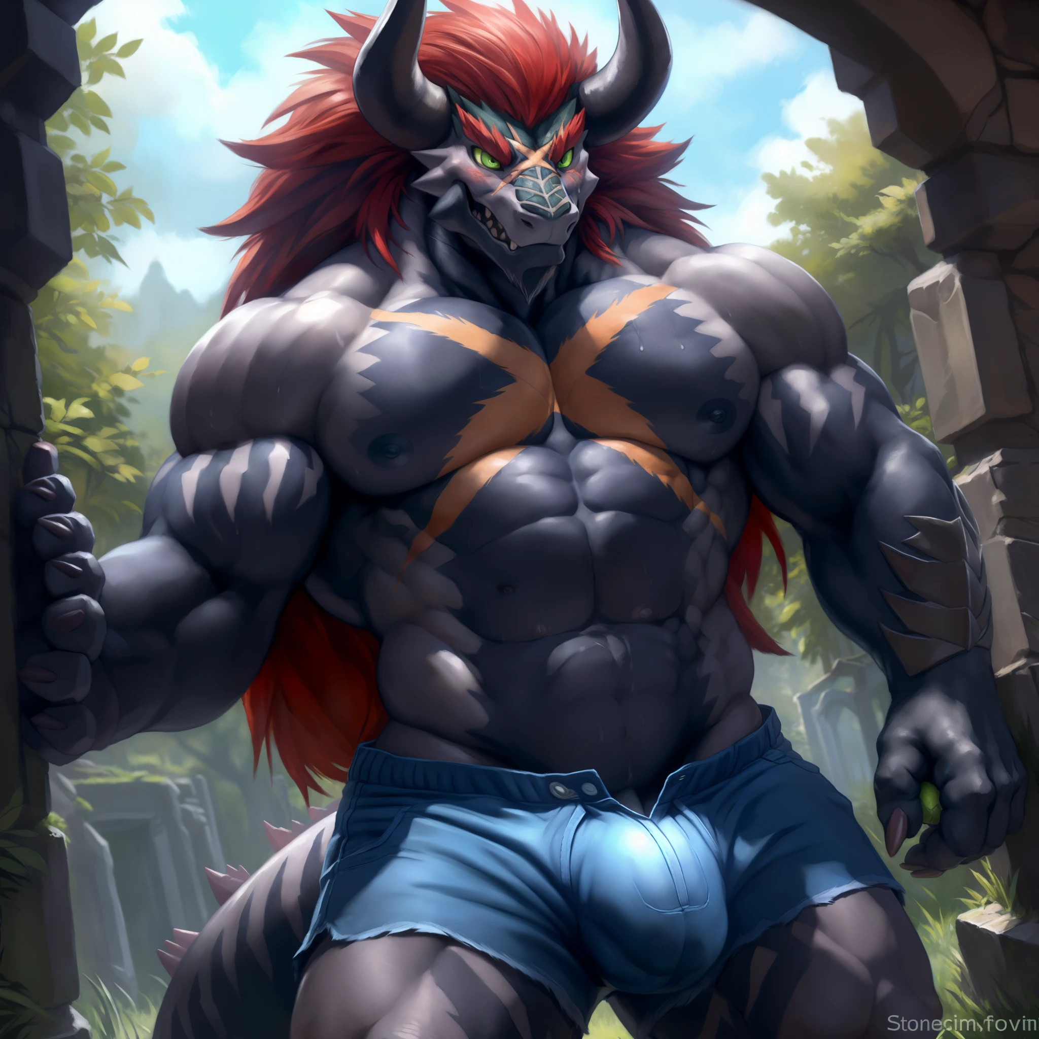 solo, breath (ultra detailed), a beautiful and detailed full size portrait of a male anthro batzz, demon lord dragon batzz, dragon tail, green eyes, glowing eyes, black body, black skin, long hair, red hair, horns, scar, tail, bedroom eyes, detailed eyes, big body, sexy body, (wide body). goddess, kenket, Ross Tran,ruan jia, trending on artstation,foxovh, cenematic lighting, buff, big pecs, muscular anthro, spike arms, strong legs, ((big pecs, nipples, big pecs, blue shorts, bulge, blush, close up view,))), covering crotch, front view, walking, seductive, stone hallway, sweating, sad
