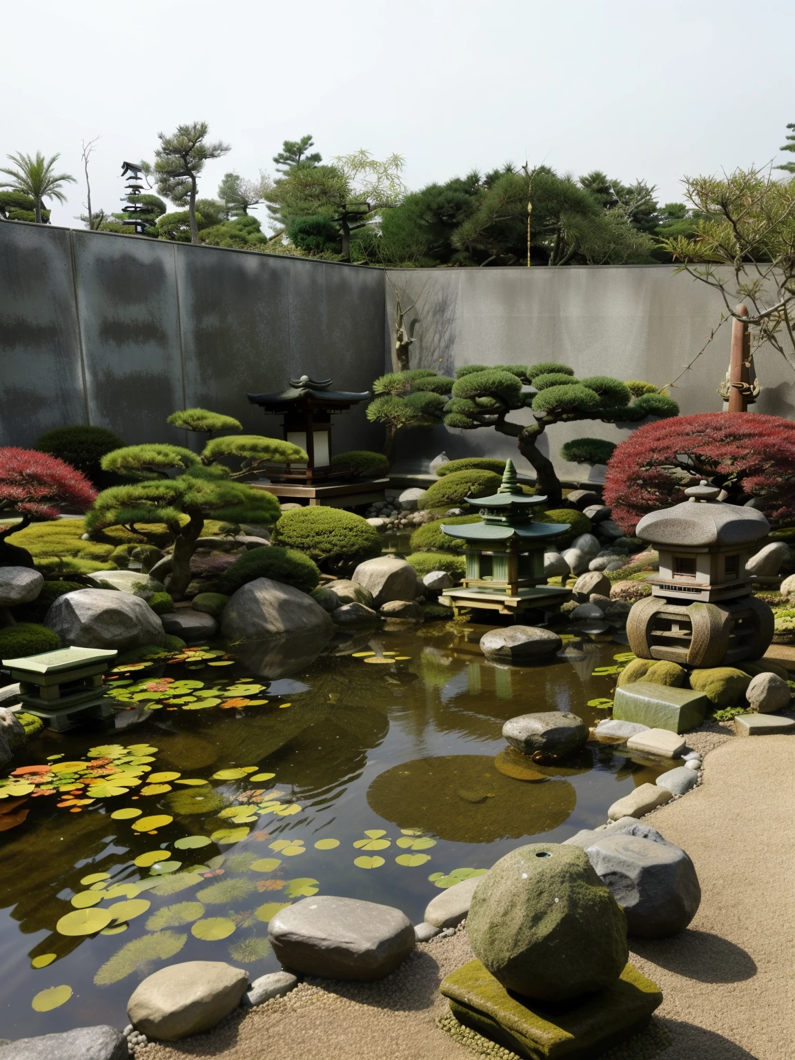 there is a small pond with a stone lantern in it, japanese garden, in japanese garden, lush japanese landscape, japanese landscape, serene scene, stunning image, lush plants and bonsai trees, zen garden, japanese temples, inspired by Sesshū Tōyō, peaceful environment, serene environment, japanese temple, himeji rivendell garden of eden