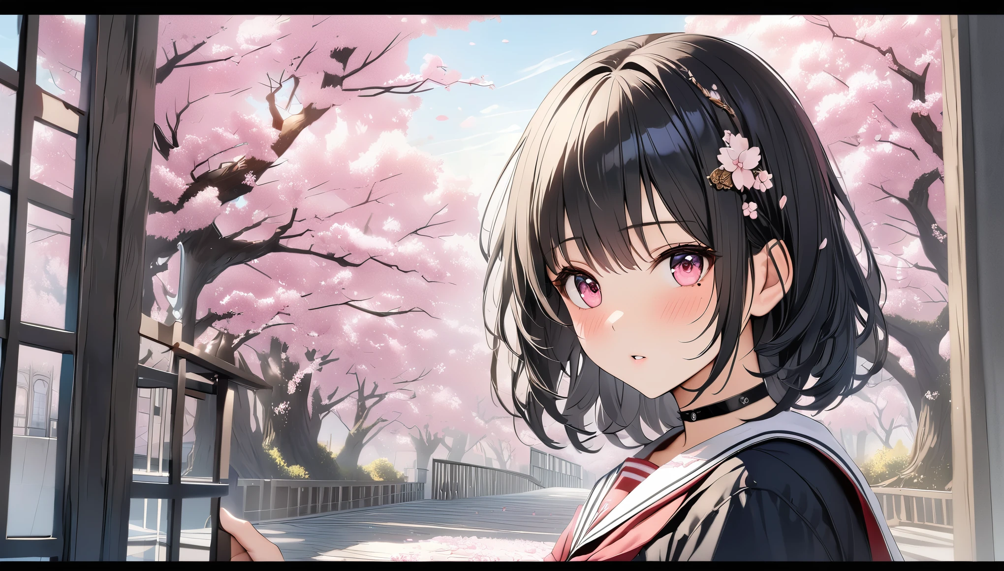 highest quality、highest quality、Super detailed、high resolution、High resolution、HDR、4k、8k、unity 8k wallpaper、Highly detailed CG、masterpiece、real、photorealistic、2D、3D、beautiful details、depth、fine texture、Ultra-fine : 1.3、Fully focused、crispy.ski、.berak、
A very cute anime girl with medium-long black hair wearing a high .、1 girl、solo、cherry blossoms、Entrance ceremony、semi-long black hair、目の下のmole、look at viewer、college uniform、cherry blossoms、Entrance ceremony、School、blush、mole、parted lips、hair ornaments、heart 、pink eyes、choker