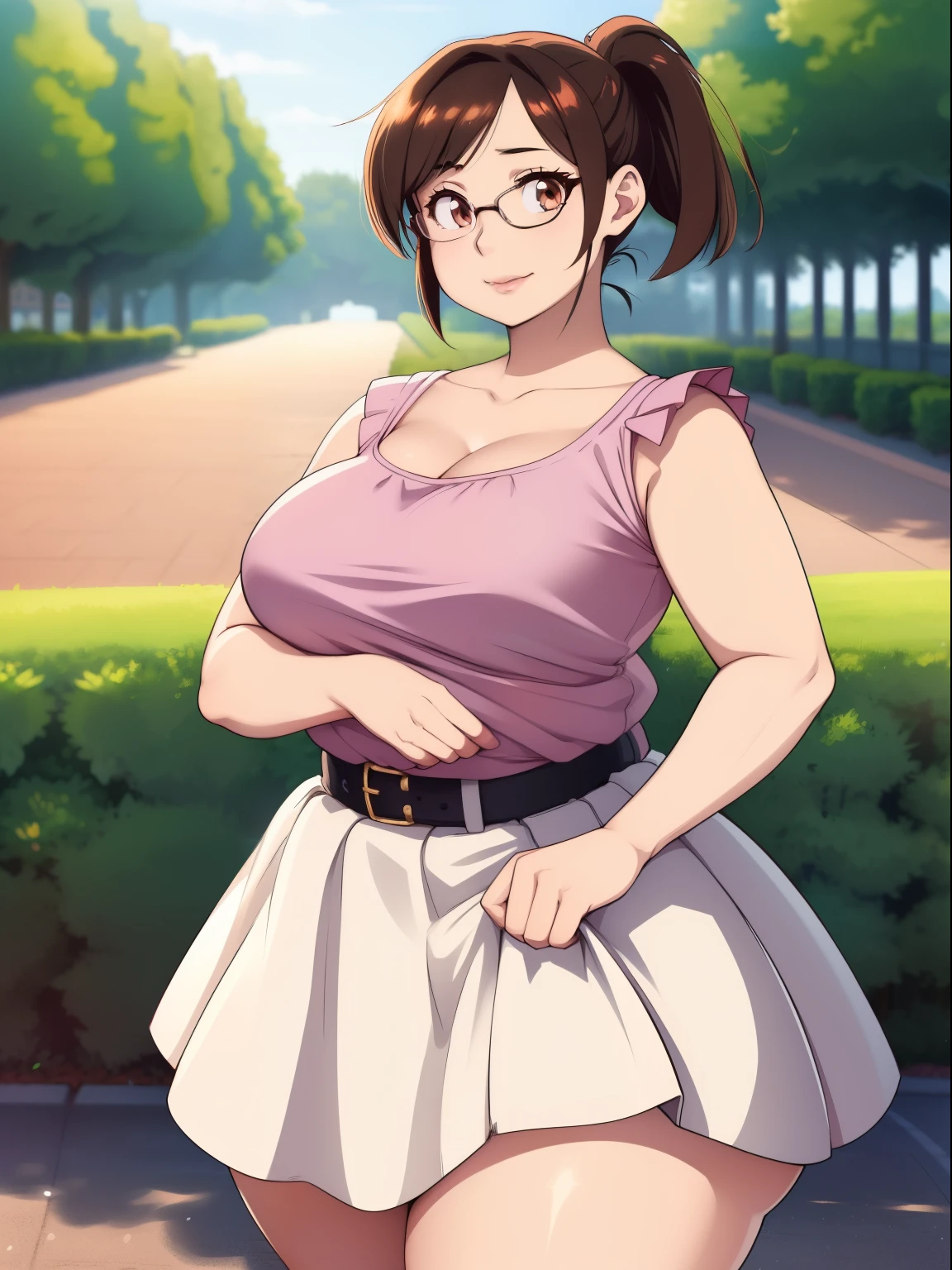 ((((kipteitei art)))), ((highres)),Masterpiece, high quality, best quality, beautiful, perfect lighting, detailed face, ultra cute face, ((1girl)), ((solo)), (((chizuru))), pink shirt, frilled shirt, ((white skirt)), glasses, looking at viewer, cute smile, sweet, standing, hands clasped, cute pose, cowboy shot, city park, daytime, trees, lampposts, benches, medium breasts, perky breasts, (wide hips), (thick thighs), thicc, chubby,