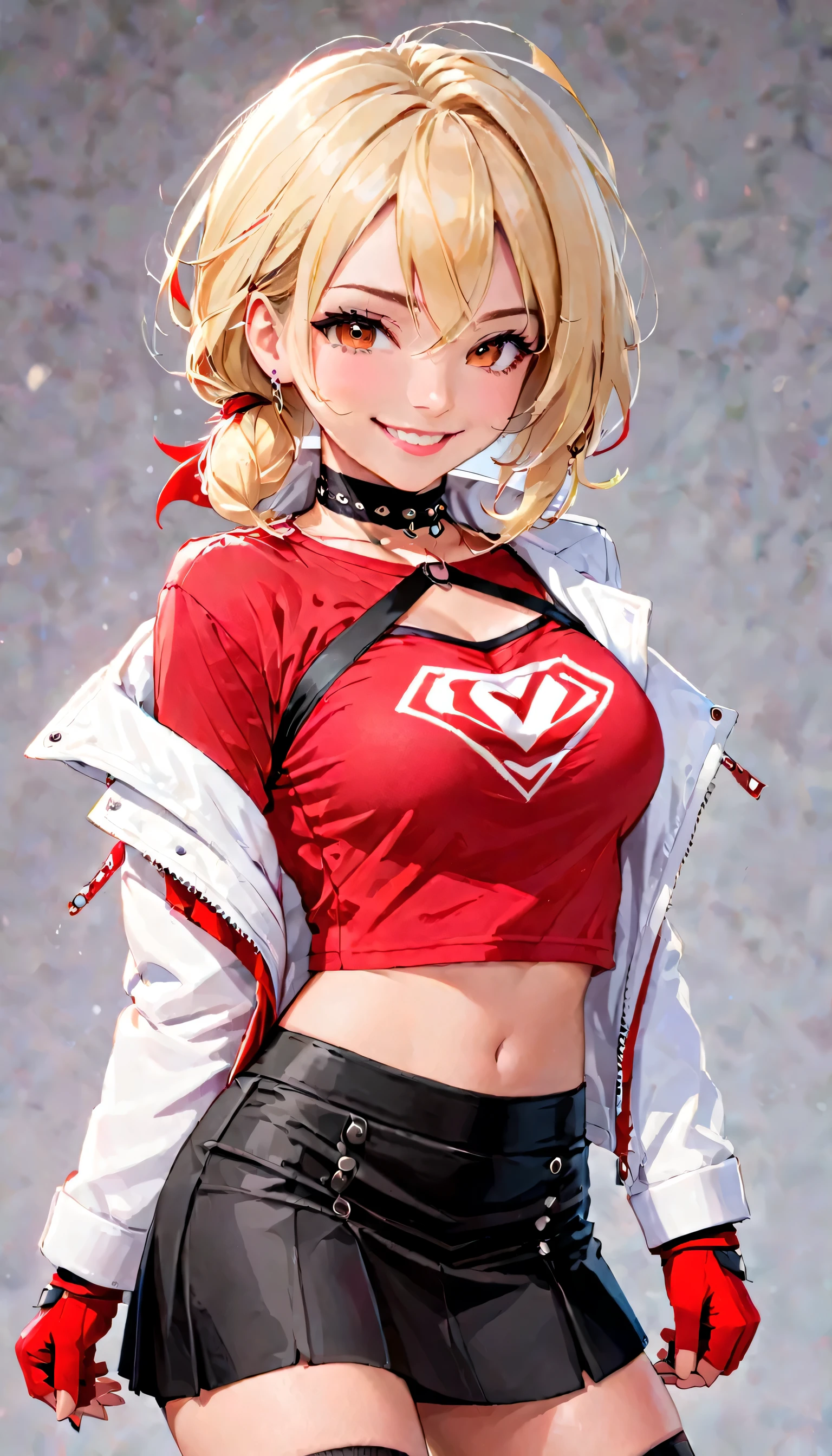 (best quality:1.2),solo,1girl,mdrin,smile,looking at viewer,imponent pose, eyebrows,white jacket,red shirt,fingerless gloves,black skirt,choker! Blonde