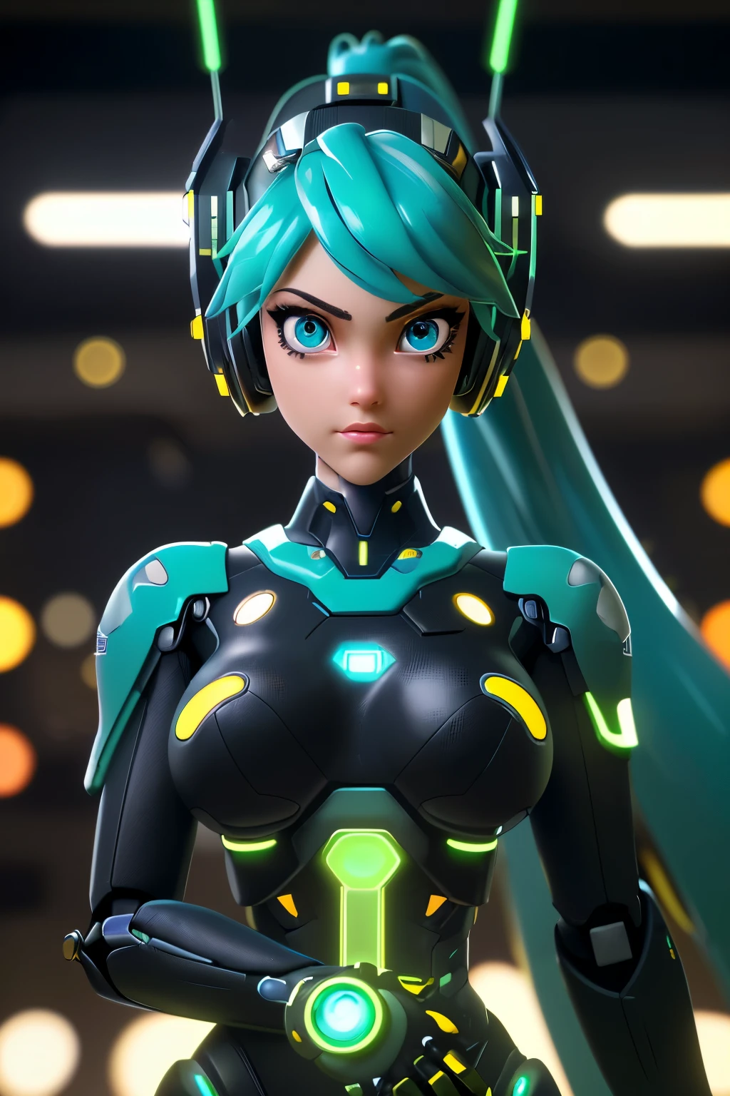 cgmech, beautiful eyes, upper body, underboob, portrait, robot, armor, Hatsune Miku, neon light, 8K, RAW, best quality, masterpiece, ultra high res, colorful, (medium wide shot), (dynamic perspective), sharp focus , (depth of field, bokeh:1.3), extremely detailed eyes and face, beautiful detailed eyes,large breasts,(black gold, trimmed gear:1.2),(In a futuristic weapons factory:1.2), ((masterpiece, best quality)), Detailed background, spaceship interior