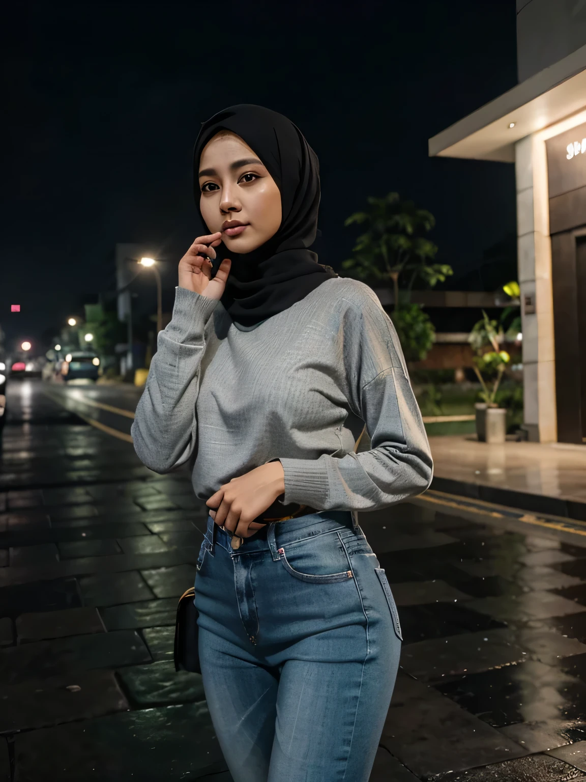 Seorang pria asia tampan memakai kaos putih cefotolana jeans dengan wanita muslim cantik, berhijab dan memakai sweater turtleneck putih panjang bergambar kartun, celana putih, sepatu putih, berjalan di sebuah jalan yang sepi pada malam hari saat hujan turun. Dia memegang payung besar dengan desain langit malam yang cerah dengan cahaya bulan purnama dan bintang-bintang.