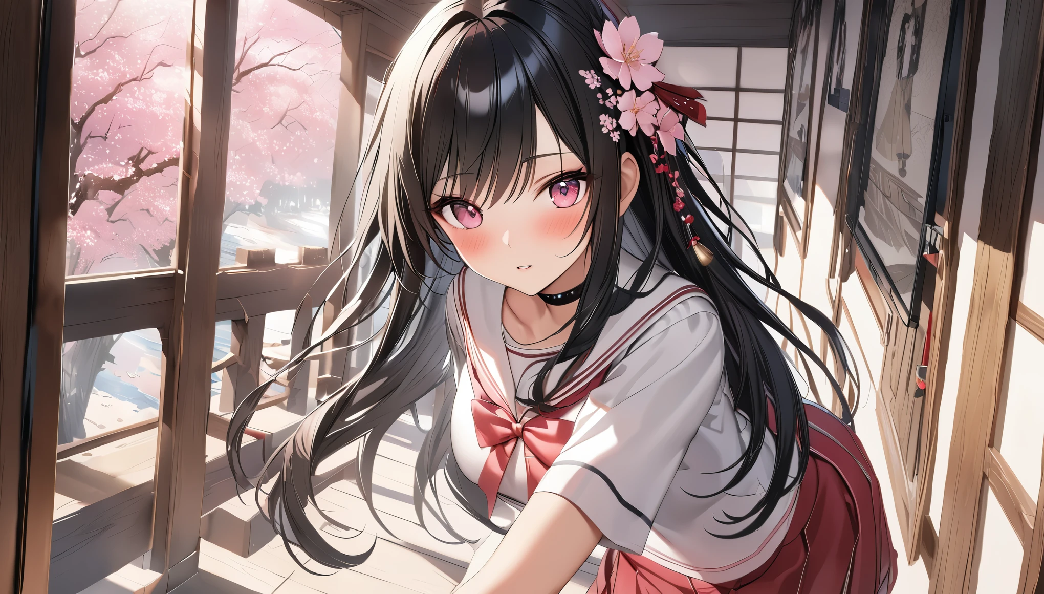 highest quality、highest quality、Super detailed、high resolution、High resolution、HDR、4k、8k、unity 8k wallpaper、Highly detailed CG、masterpiece、real、photorealistic、2D、3D、beautiful details、depth、fine texture、Ultra-fine : 1.3、Fully focused、crispy.ski、.berak、
A very cute anime girl with medium-long black hair wearing a high .、1 girl、solo、cherry blossoms、Entrance ceremony、semi-long black hair、目の下のmole、look at viewer、college uniform、cherry blossoms、Entrance ceremony、School、blush、mole、parted lips、hair ornaments、heart 、pink eyes、choker