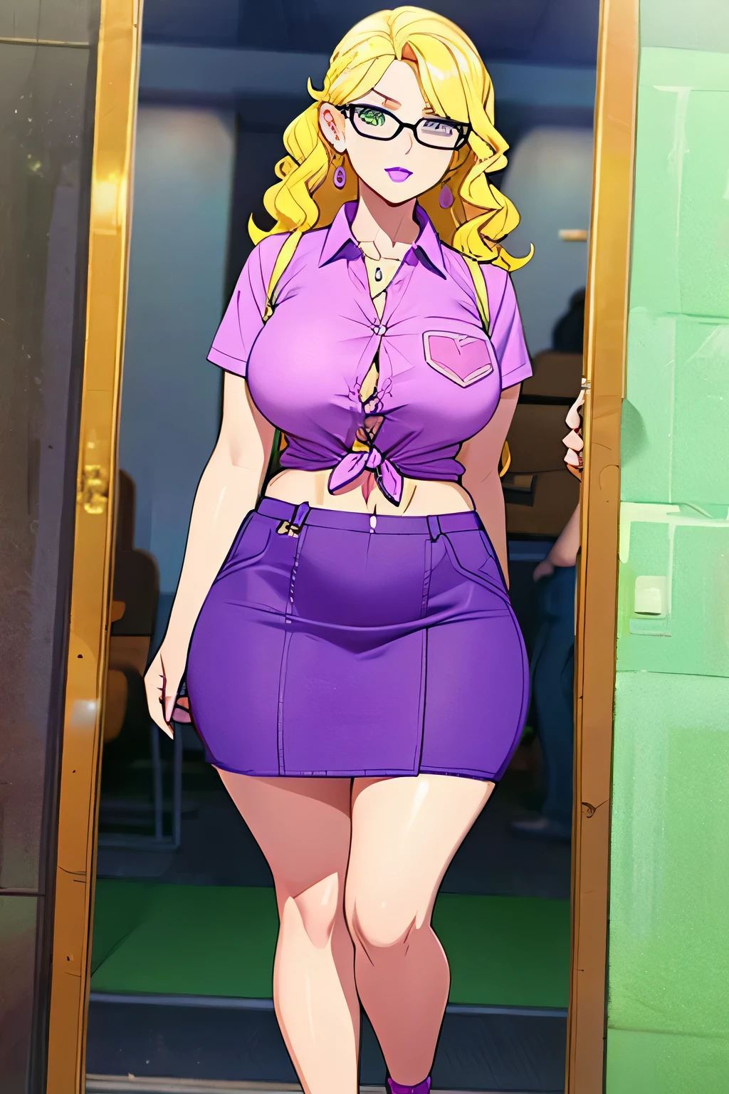 A tall nerdy woman big chest huge yellow hair wavy soft wave ear gold earring and is wearing big granny glasses purple lips pink is wearing purple button up shirt buttoned knot showing navel and wearing violet cut off denim skirt and legs is wearing green tennis shoes 