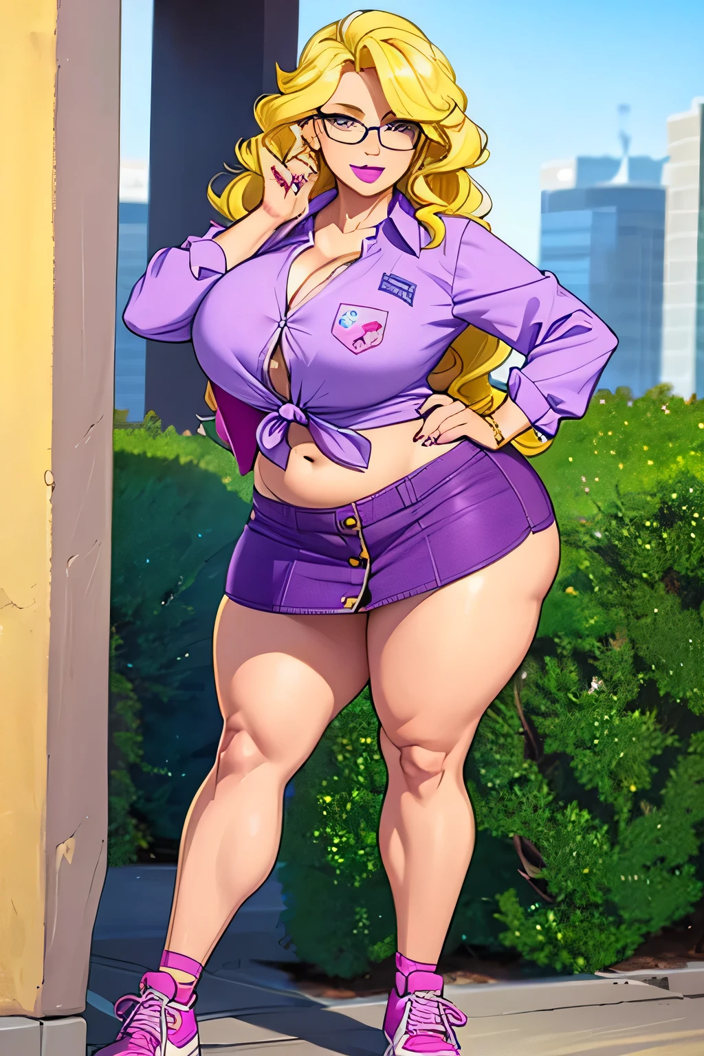 A tall nerdy woman big chest huge yellow hair wavy soft wave ear gold earring and is wearing big granny glasses purple lips pink is wearing purple button up shirt buttoned knot showing navel and wearing violet cut off denim skirt and legs is wearing green tennis shoes 