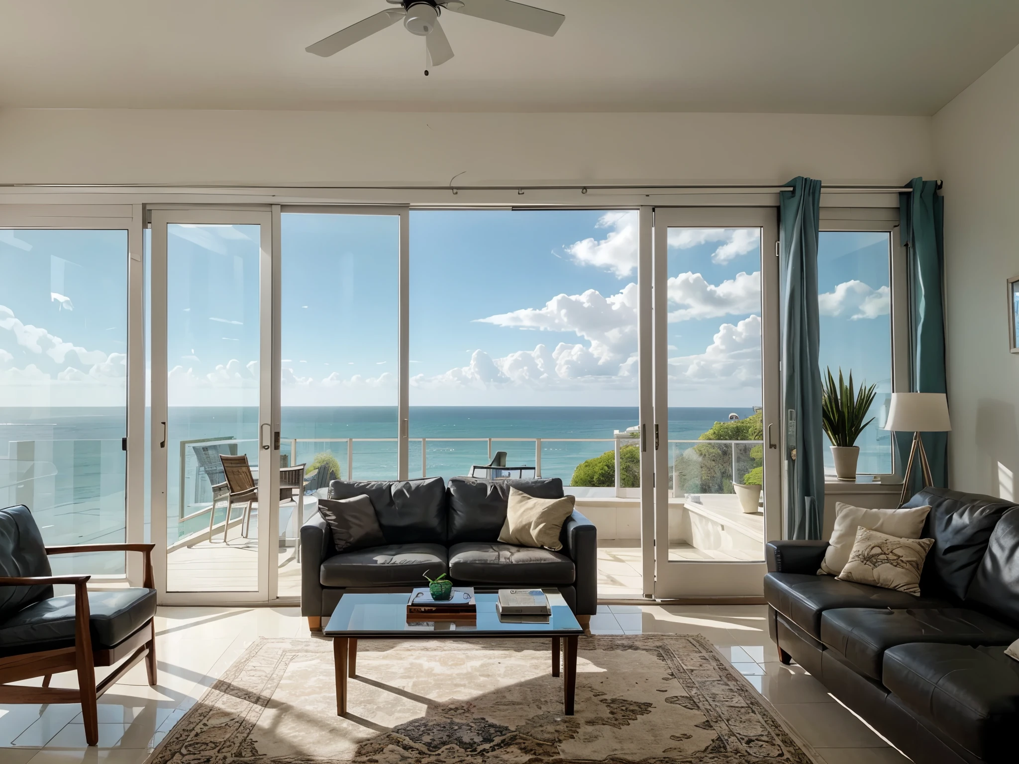 A moder living room with view to the wonderful sea, realistic, daylight