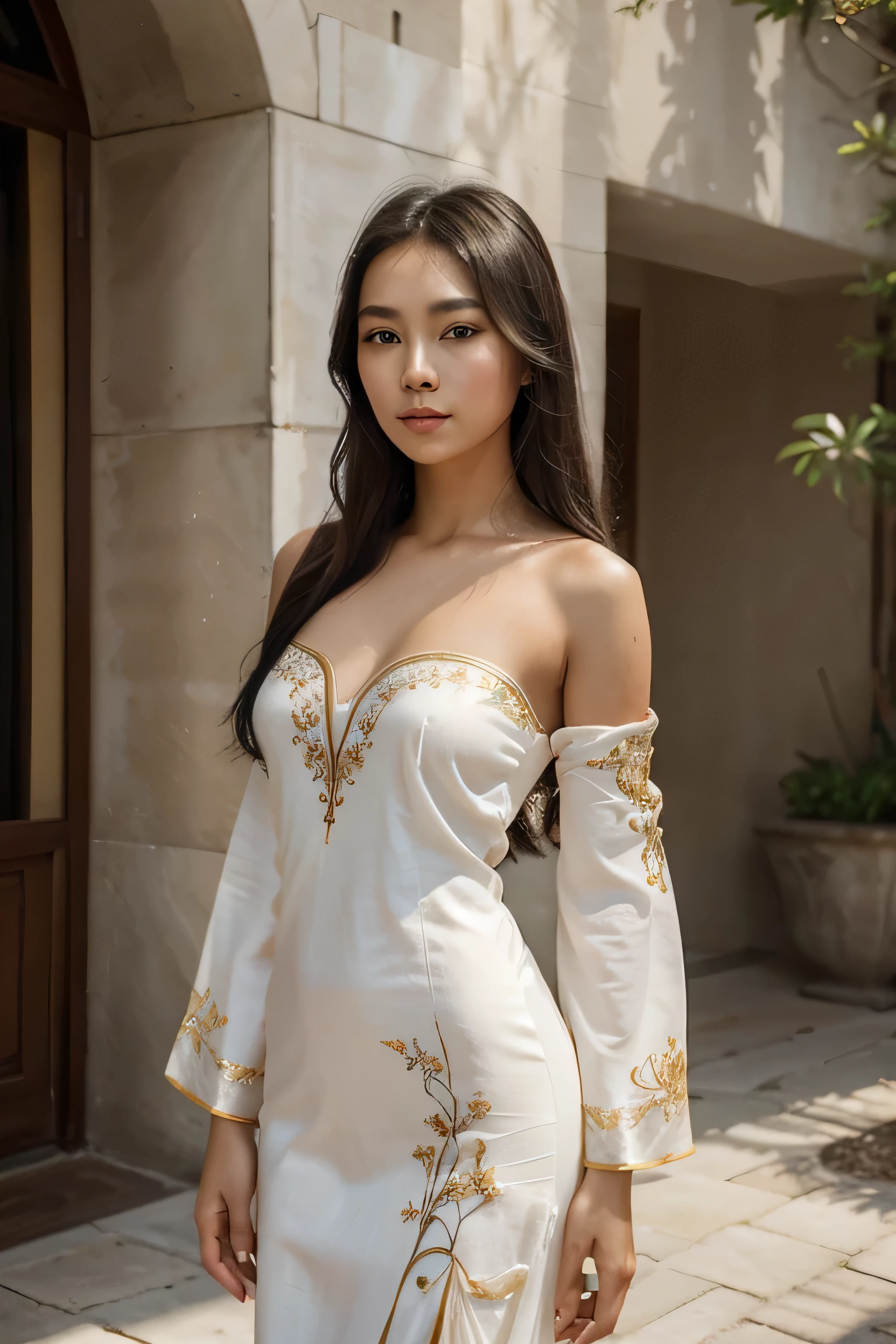 A mesmerizing young and nude Vietnamese woman in her early 20s, her delicate features emanating an aura of grace and elegance. Her ebony hair cascades around her shoulders, framing her flawless, radiant complexion. This stunning image is a photograph that captures her beauty with remarkable clarity and vivid colors. The intricate embroidery on her traditional ao dai robe shimmers in the sunlight, adding a touch of sophistication to her appearance. The overall composition exudes an air of timeless beauty, inviting viewers to appreciate the allure of this enchanting subject.
