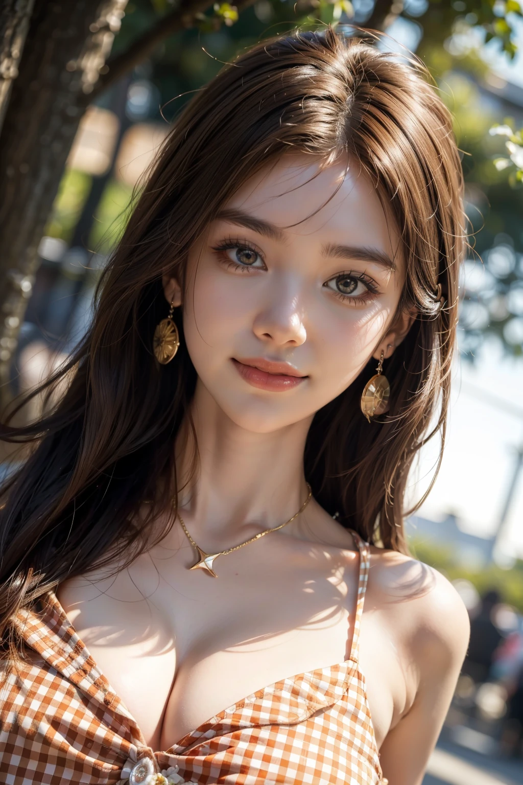 (best quality, 8k,32k,masterpiece, UHD:1.2),extremely detailed CG unity 8k wallpaper,intricate details,Raw photo,(photorealistic:1.4),atmosphere,ultra high res,Realistic,Real,Huge_filesize,incredibly absurdres,(centered:1.3),Ultra illustration,(ultra-detailed),dramatic lighting,various colors,depth of field,art by krenz cushart,golden hour lighting,taken by Canon EOS,SIGMA Art Lens 35mm F1.4,ISO 200 Shutter Speed 2000,blurry background,
BREAK,
1girl,(smile:1.4),slim body,(long straight hair:1.4),solo,20-year-old Japanese beautiful woman, (flower garden,orange Gingham check blouse:1.4),(light brown hair:1.5),((brown eyes)),Large breasts,chest, Soft white skin that shines with every detail,pale skin,Very beautiful face,Very well-formed face,Natural and realistic face,Best,beautiful detailed eyes,striking eyes,Eyes drawn in detail, smile with your mouth closed,Detailed mouth,Detailed lips,shiny beautiful lips,Glossy lips,simple earrings,necklace,jewelry, solo focus,low neckline,
BREAK,
Front lighting,kool,Standing,sensual expression, BREAK,
(Dutch angle:1.4),looking at viewer,
BREAK,tzuyu,yui aragaki,