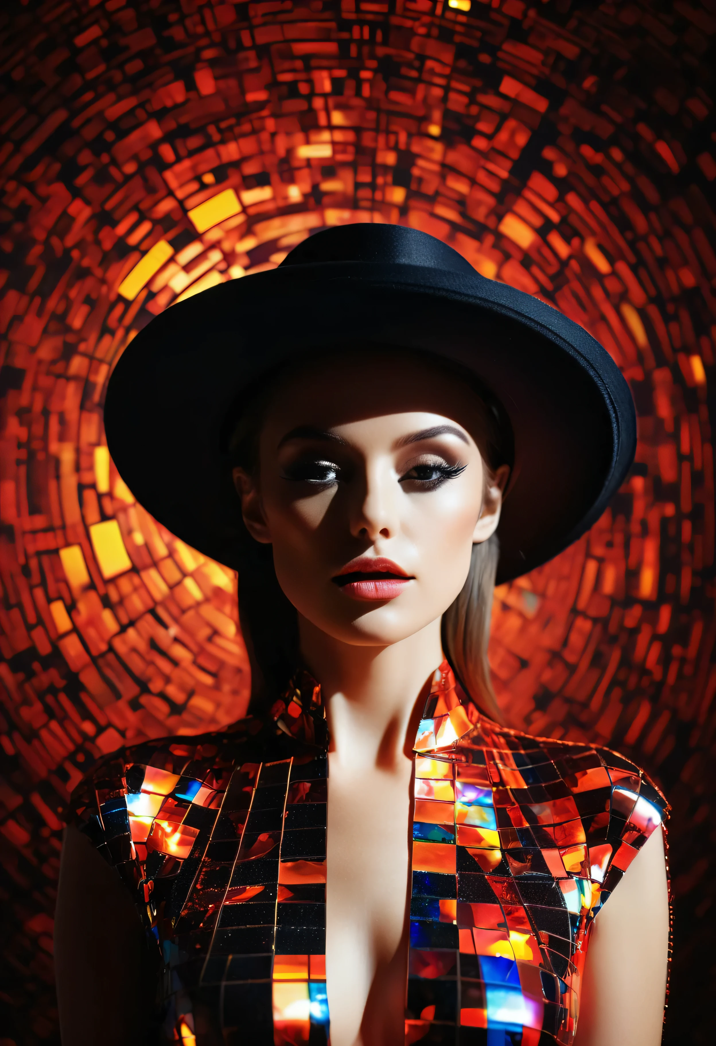 ((editorial, full body shot, no cropped image) : 2), photoshoot 35mm celluloid film, eye to viewer, female alien face)::1) , (( realistic, noir make up, wear a luminogram mozaic of pixelated hat ) : 1.5 ),( random glitch art : 2) RGB, highly detailed, completed with high neck silver dress shirt silver pixelated, hasselblad, add flash spot lighting from top passing through her hat, studio lighting, high resolution, unique film noise and grain fujifilm portra