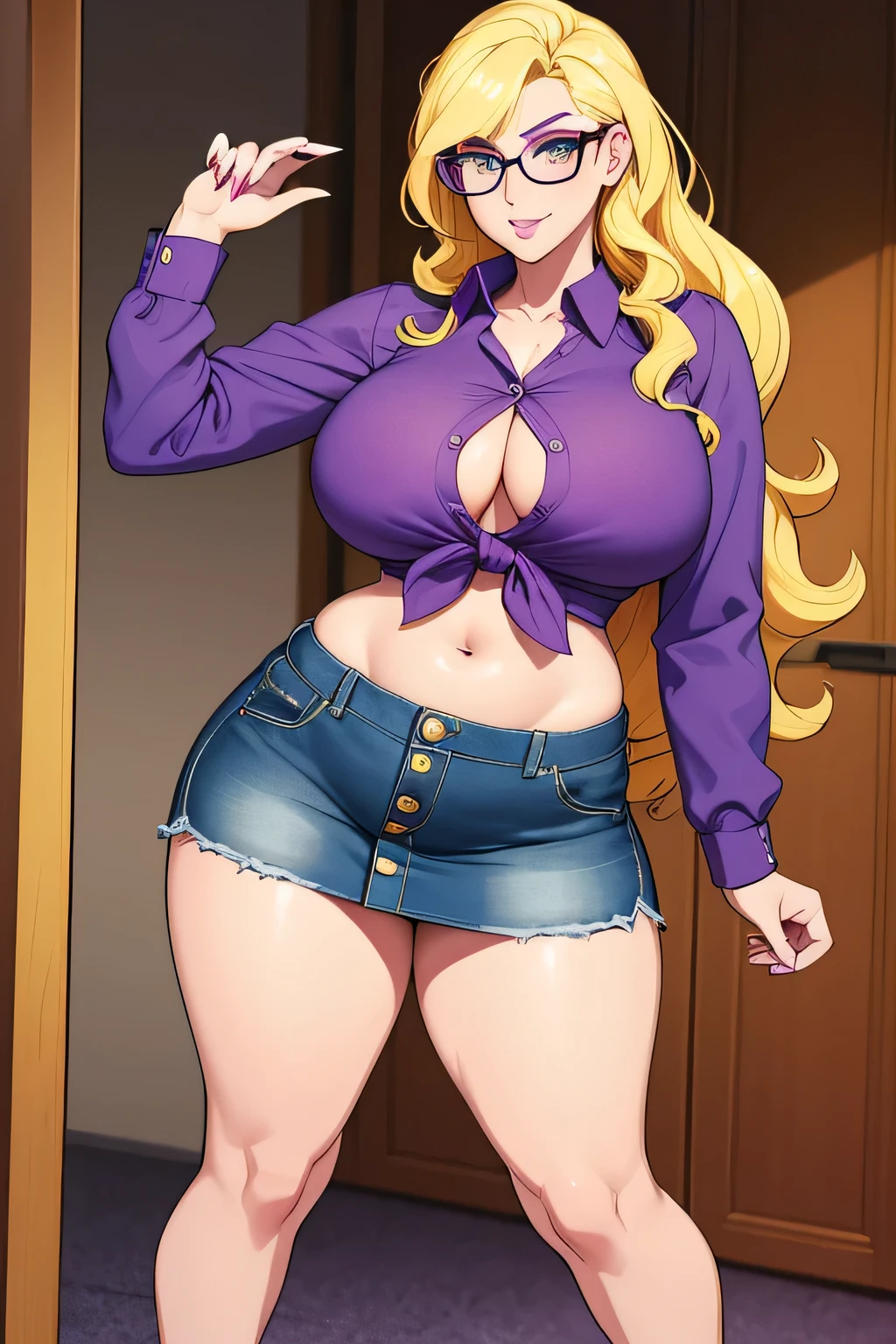 A tall nerdy woman big chest huge yellow hair wavy soft wave ear golden earring and wearing big purple granny glasses pink lips wearing purple button up shirt knot buttoned showing navel and wearing violet cut off denim skirt and legs wearing green tennis shoes Scooby doo version