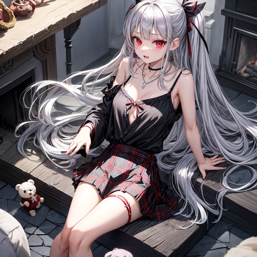 silver hair、red eyes、one good looking girl、solo、anime、plaid mini skirt、black camisole、black t-shirt、robe、wearing a ribbon、ribbon at waist、stones are piled up、crystal earrings、jewelry necklace、Light and shadow、tilting one&#39;s face、teeth are visible、pillar、skylight、fireplace、stuffed bear