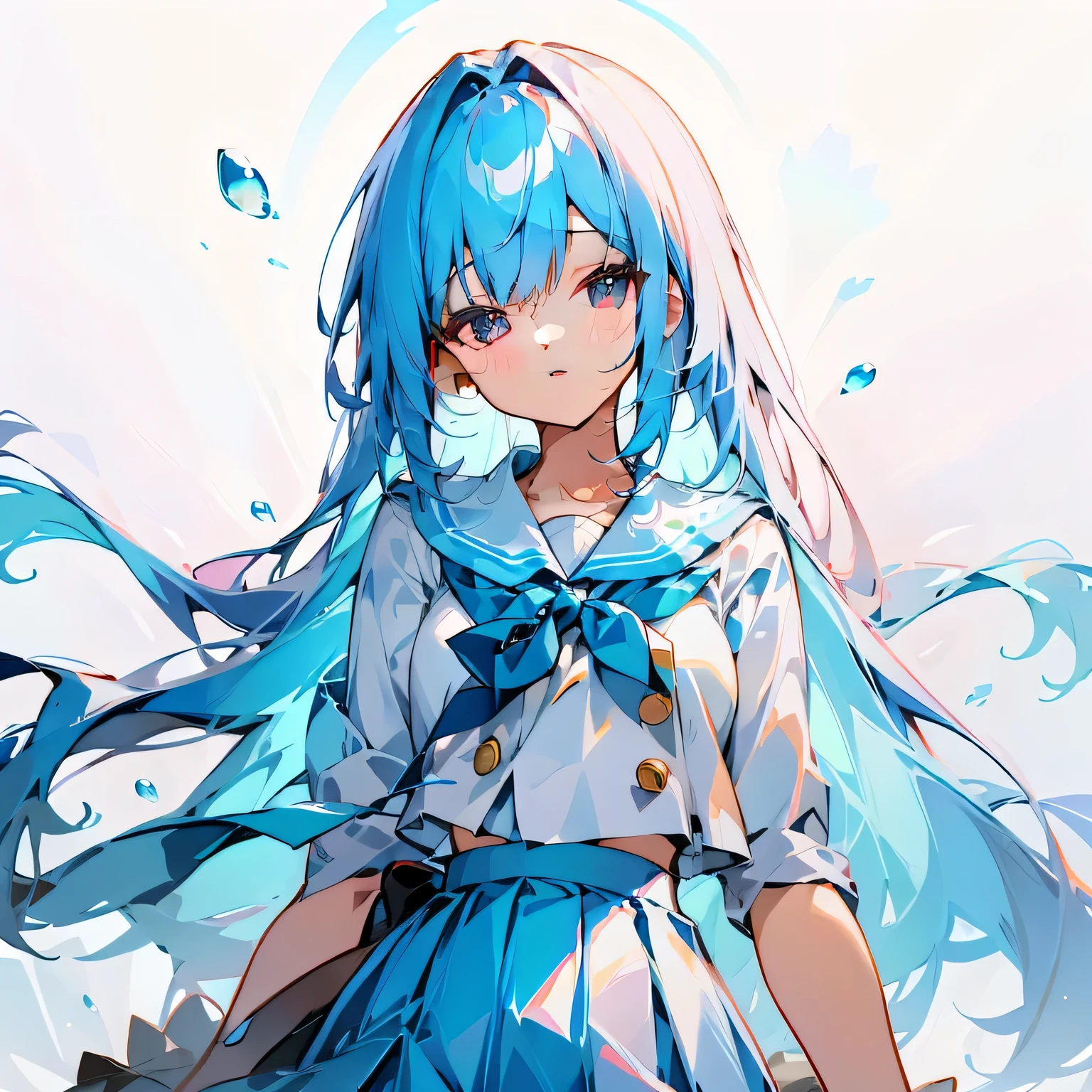 sky blue hair,Blue and white sailor uniform and pleated skirt