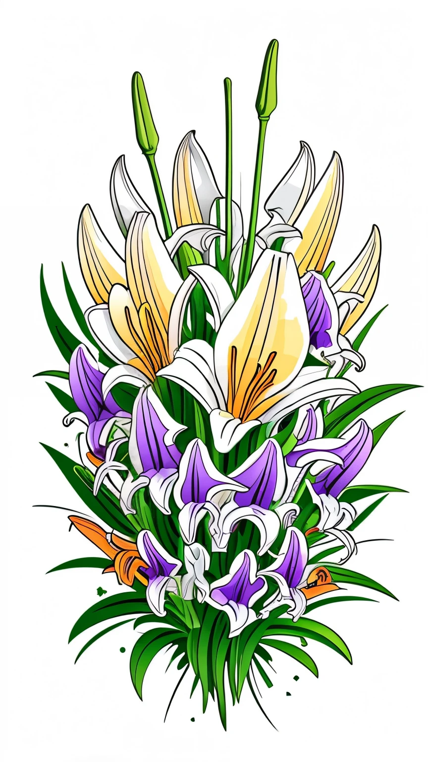 vector art, coordinate calculation image, masterpiece, image with white lily of the valley and orange lilies and purple violets in a pastel and vivid color flower basket, in the style of 0mib