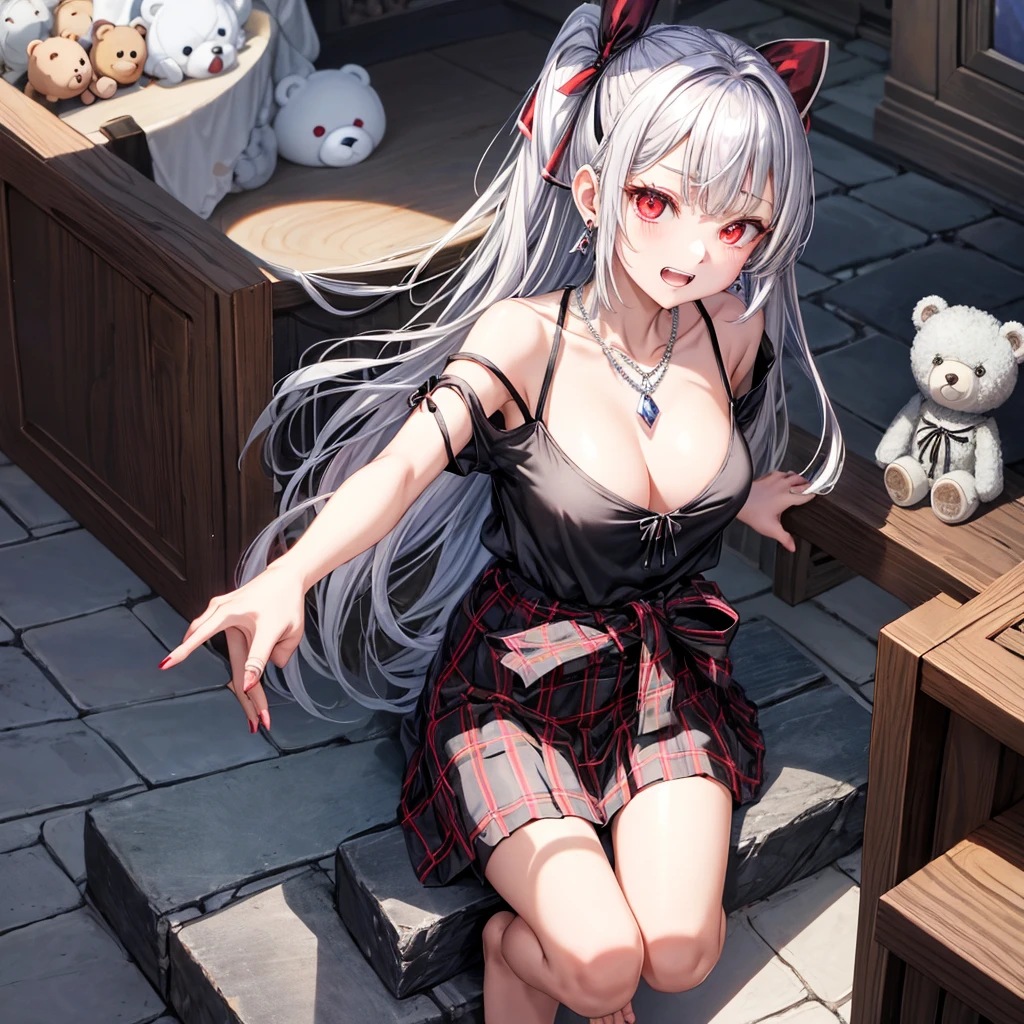 silver hair、red eyes、one good looking girl、solo、anime、plaid mini skirt、black camisole、black t-shirt、robe、wearing a ribbon、ribbon at waist、stones are piled up、crystal earrings、jewelry necklace、Light and shadow、tilting one's face、teeth are visible、pillar、skylight、fireplace、stuffed bear