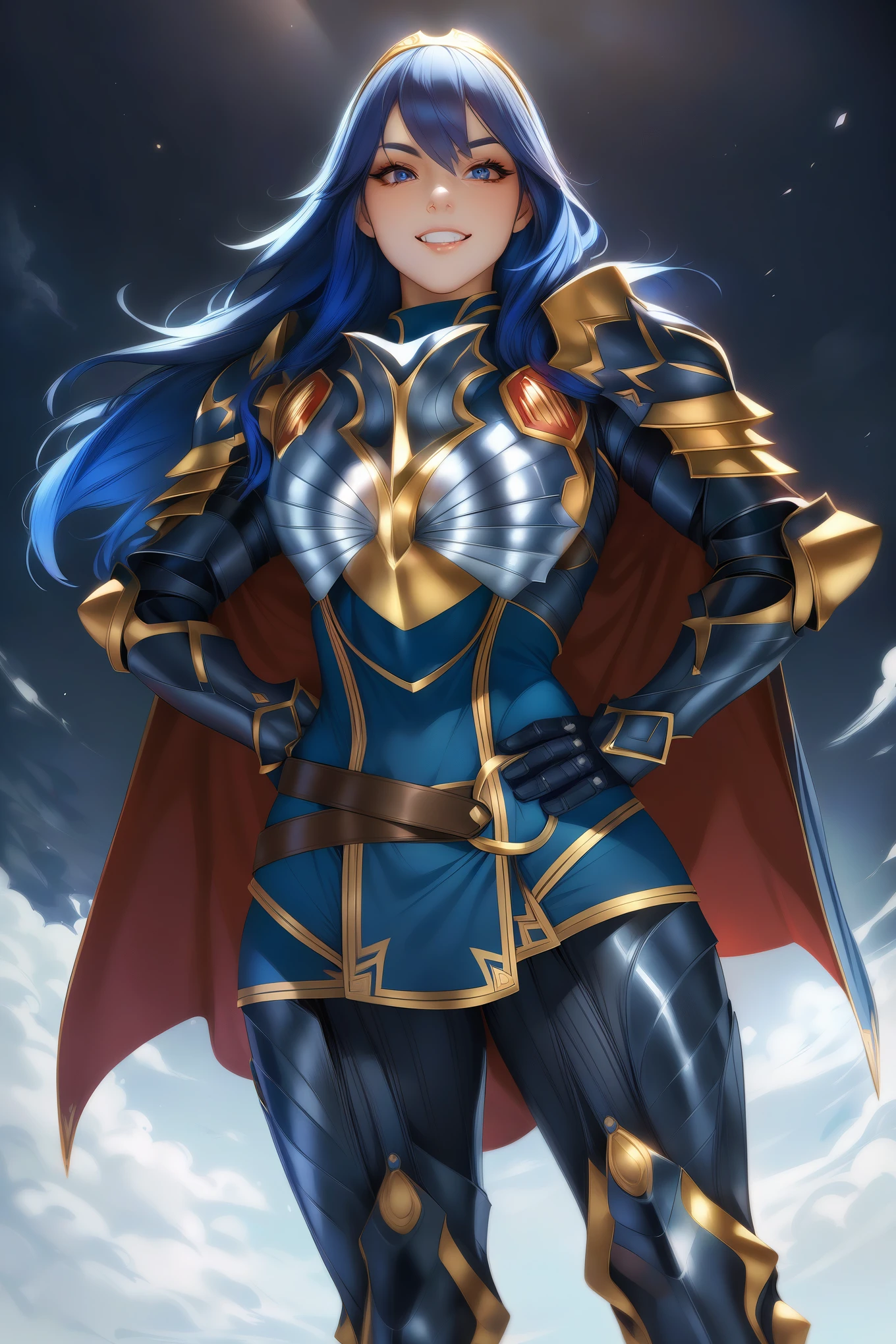 masterpiece, best quality, solo, 1girl, brvLucy, tiara, cape, breastplate, full armor, gauntlets, armored legwear, hand on hip, grin, looking at viewer