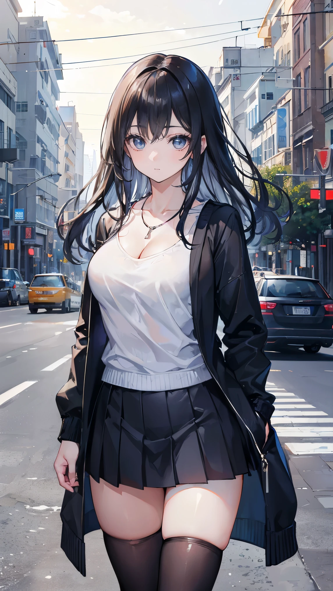 ((realistic lighting、highest quality、8K、masterpiece:1.3))、clear focus:1.2、with a girl、perfect body beauty:1.4、slim abs:1.1、((black hair、big:1.3))、(acceleration:1.4)、street、expensive、narrow side、narrow eyes、double eyelid、swaying hair、exposed cleavage、open cardigan、super mini skirt、necklace、Navel exposed、