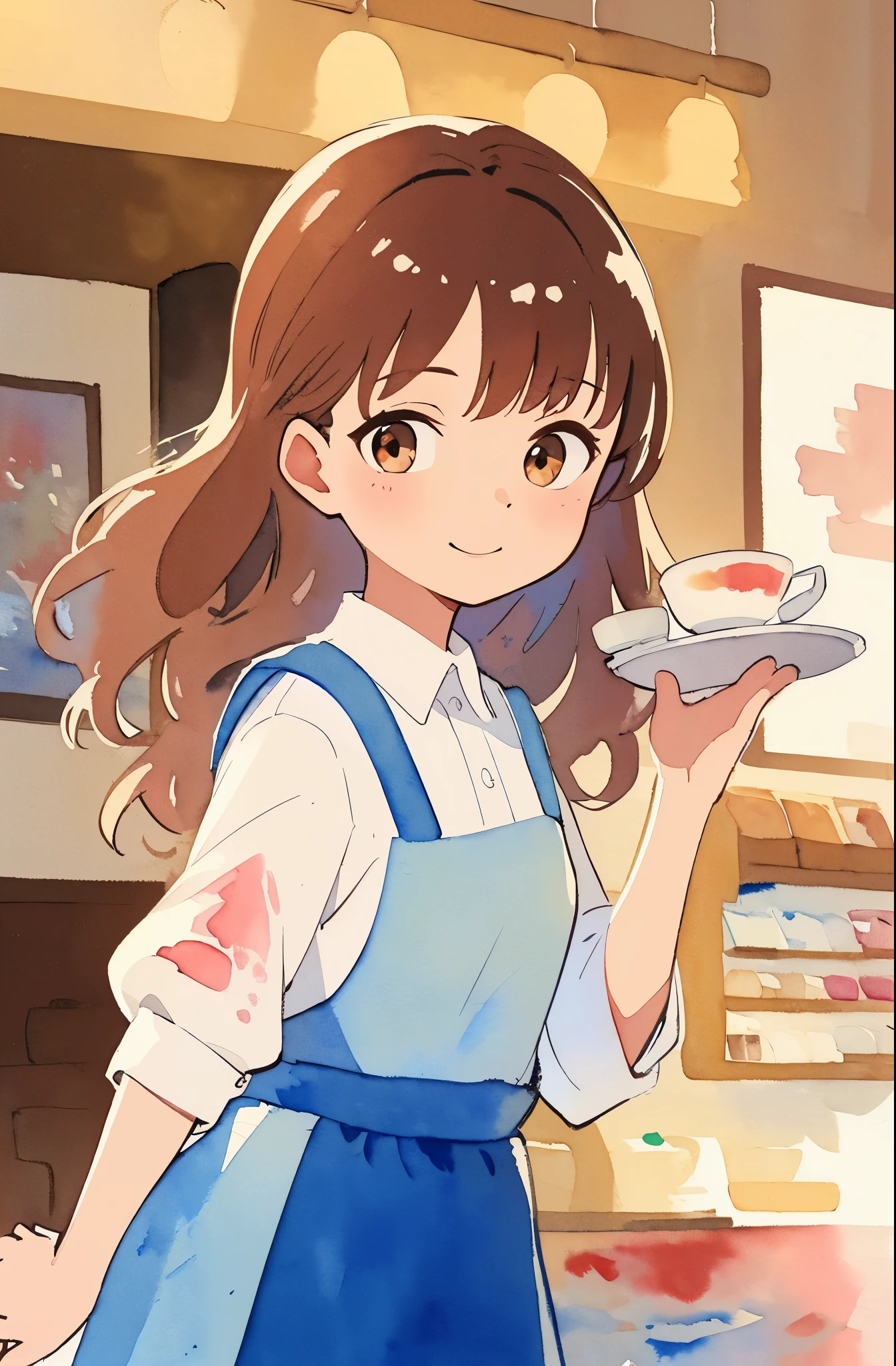 (best quality,ultrares,masterpiece:1.2) (watercolor: 1.45) (pastel colors: 1) ung asian woman welcoming you to her cafe ,black french maid costume, holding a sliver tray, charming expression, wavy brown hair, round brown eyes, cofee shop setting, early morning, warm smile