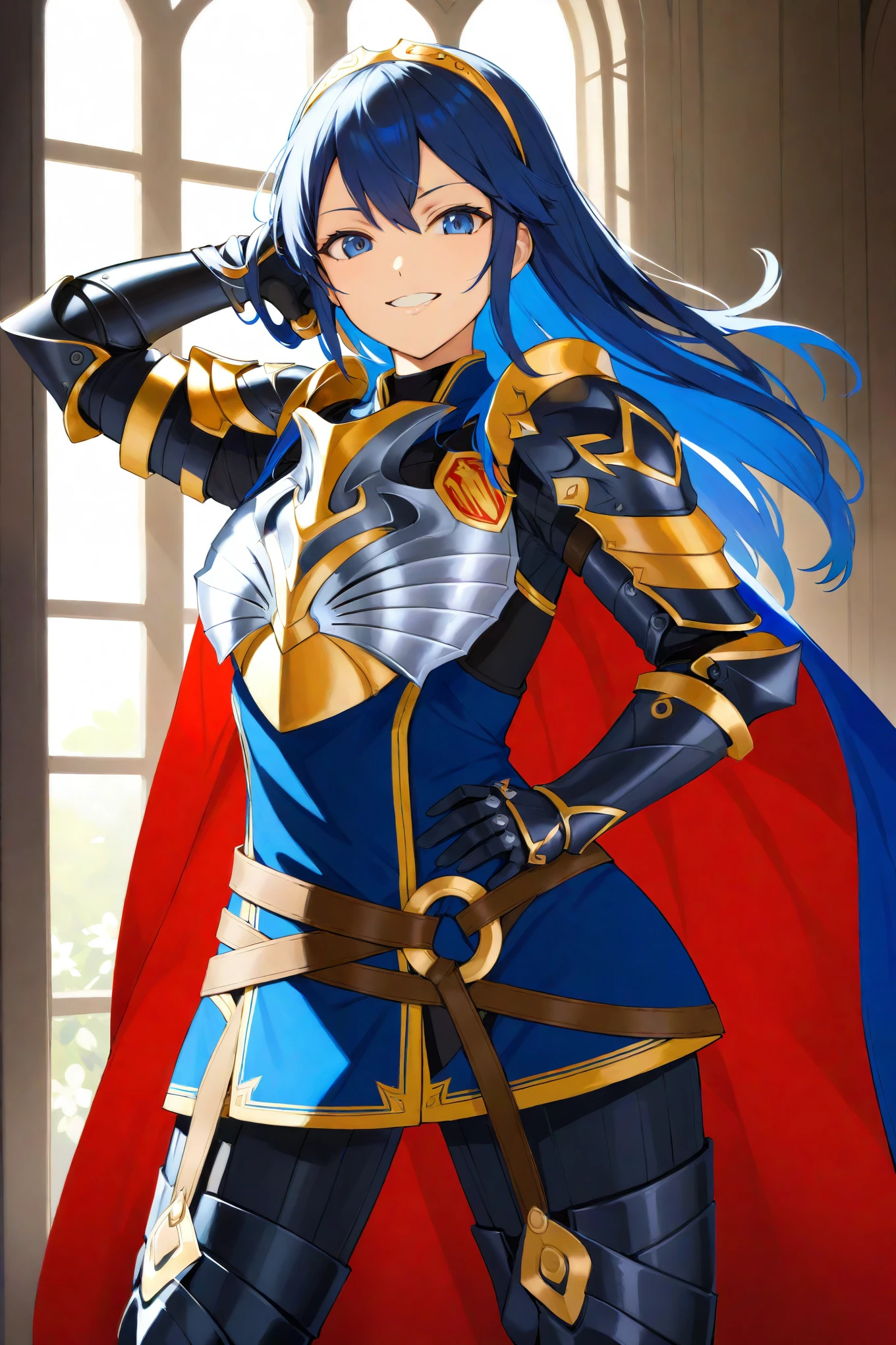 masterpiece, best quality, solo, 1girl, brvLucy, tiara, cape, breastplate, full armor, gauntlets, armored legwear, hand on hip, grin, looking at viewer, hand in own hair