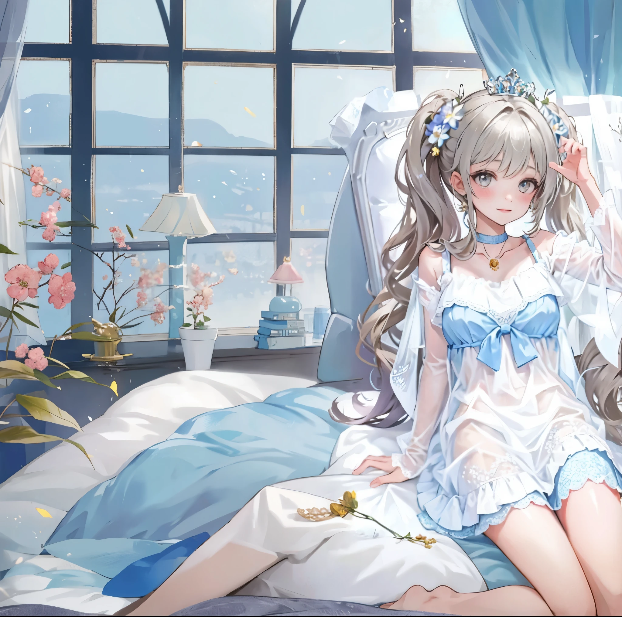Sitting in a princess style bedroom, blue and white tones.