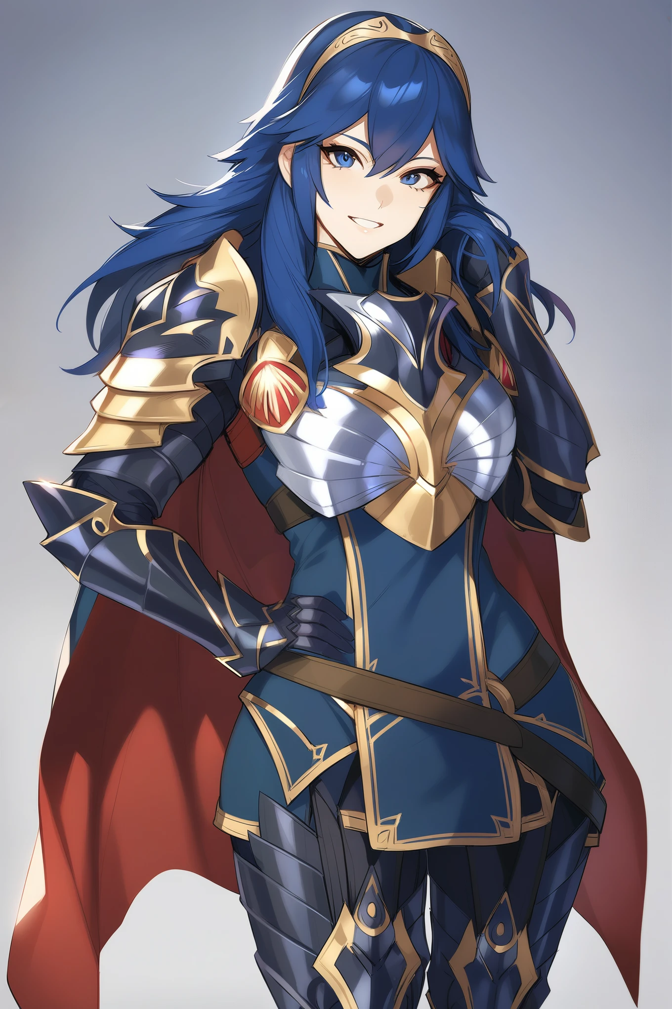 masterpiece, best quality, solo, 1girl, brvLucy, tiara, cape, breastplate, full armor, gauntlets, armored legwear, hand on hip, grin, looking at viewer, hand in own hair