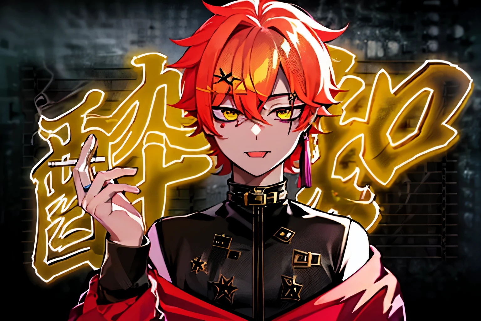 Yoidre Shiraz, looking at the viewer, holding, tongue, tongue out, cigarette, cigarette, 喫cigarette, holding cigarette, neon light, that's it,(highest resolution, clear_image) 最high quality, masterpiece, high detail, semi-realistic, bangs,1 boy, handsome boy,purple hoodie, shiny, looking at the viewer, anime style、Upper body, masterpiece, 最high quality, alone,short hair, masterpiece, 最high quality, high quality, super detailed, masterpiece, 最high quality, hair ornaments, ring, hair ornaments, wolf cut hair, Jacket, Barrette, simple background, stud earrings, human ear、高校生のHandsome guyな男の子一人, (yellow hair)(yellow green and pink eyes)((nice hands、perfect hands)), yellow green and pink eyesHandsome guy, add_ detail: 1, add_detail:0, add_detail:0.5,masterpiece,最high quality,Ultra fine,anime style,simple background,yellow and orange hair,mash hair,don't tie your hair、pink and yellow-green eyes,Bat wing pattern under right eye,Red bat pattern under left eye,Shota、cute,Handsome guy、White uniform shirt,ピンクのJacket,black skinny pants,red tie,Tie with a black bat brooch、 purple belt choker with long belt、anatomically correct、physically correct、Ultra fine、最high quality、masterpiece、clear、amputate、anime style、Handsome guy、sociable look、smile、finely drawn hair、Finely drawn eyes super dense、最high quality、masterpiece、anime style