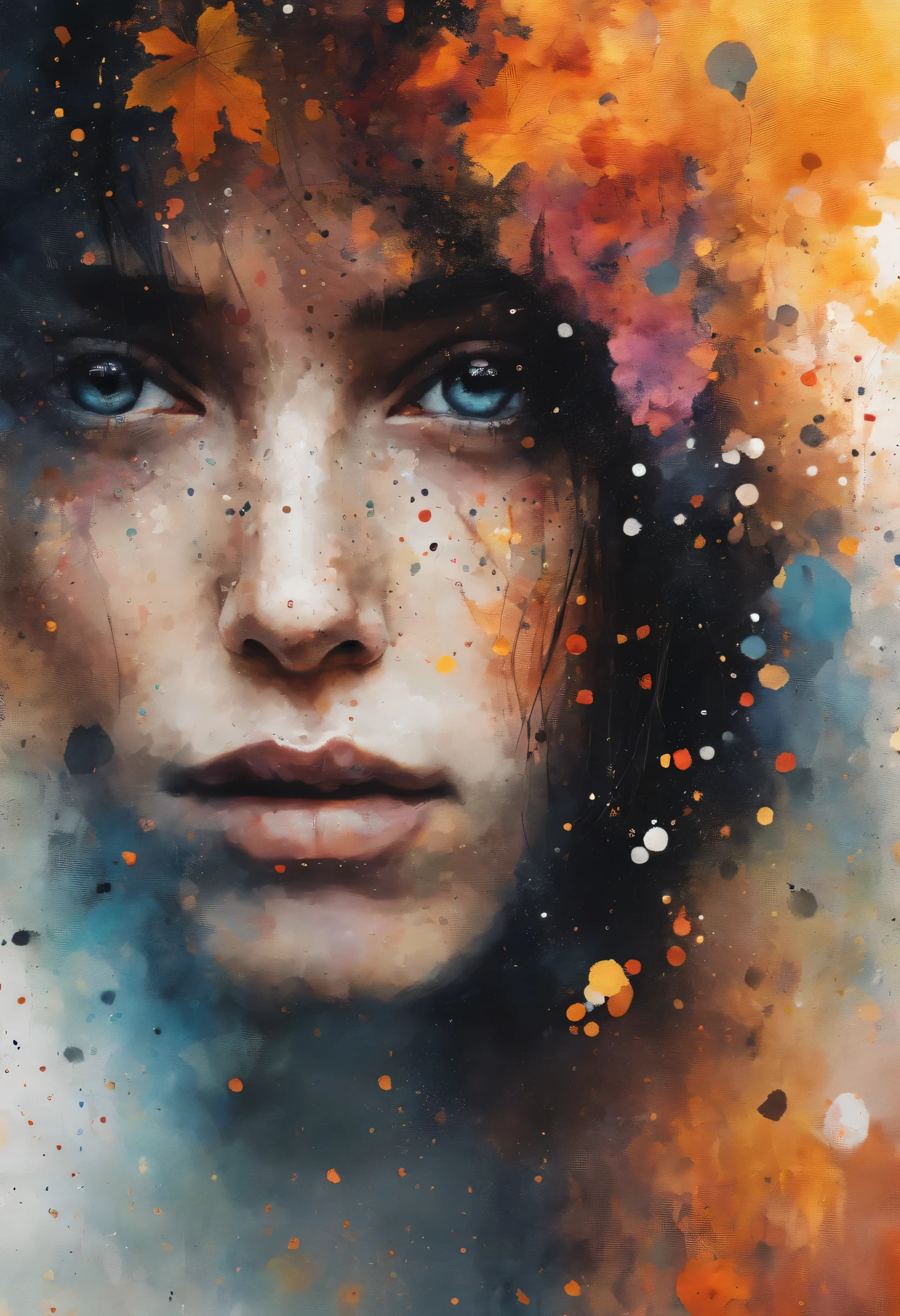 Agnès Cécile Woman Black Face, vibrant design, couleurs pastel, gouttes d'encre, lights'automne