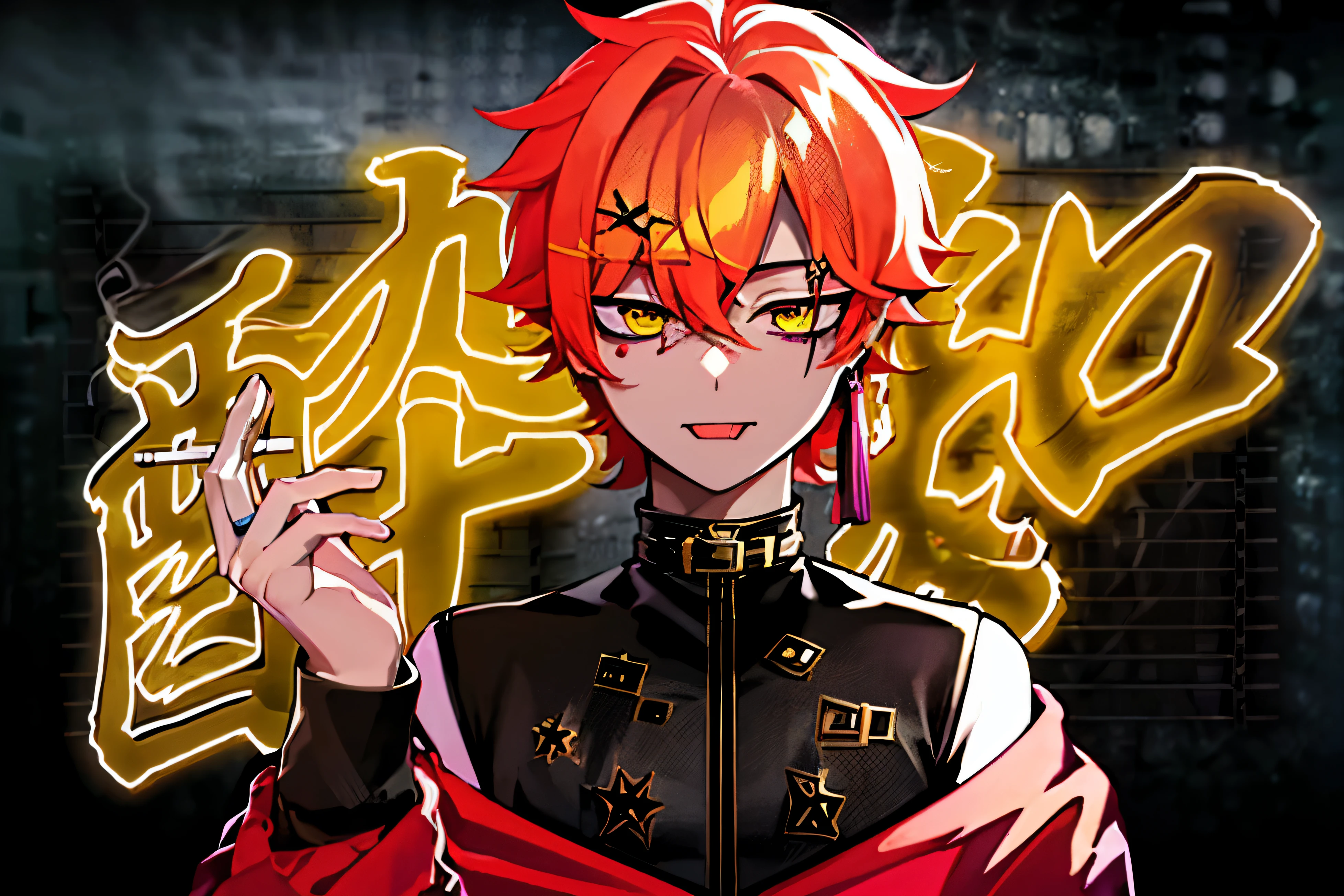 Yoidre Shiraz, looking at the viewer, holding, tongue, tongue out, cigarette, cigarette, eat cigarette, holding cigarette, neon light, that's it,(highest resolution, clear_image) 最high quality, masterpiece, high detail, semi-realistic, bangs,1 boy, handsome boy,purple hoodie, shiny, looking at the viewer, anime style、Upper body, masterpiece, 最high quality, alone,short hair, masterpiece, 最high quality, high quality, super detailed, masterpiece, 最high quality, hair ornaments, ring, hair ornaments, wolf cut hair, Jacket, Barrette, simple background, stud earrings, human ear、Handsome guy in high school, (yellow hair)(yellow green and pink eyes)((nice hands、perfect hands)), yellow green and pink eyesHandsome guy, add_ detail: 1, add_detail:0, add_detail:0.5,masterpiece,最high quality,Ultra fine,anime style,simple background,yellow and orange hair,mash hair,don't tie your hair、pink and yellow-green eyes,Bat wing pattern under right eye,Red bat pattern under left eye,Shota、cute,Handsome guy、White uniform shirt,pink jacket,black skinny pants,red tie,Tie with a black bat brooch、 purple belt choker with long belt、anatomically correct、physically correct、Ultra fine、最high quality、masterpiece、clear、amputate、anime style、Handsome guy、sociable look、smile、finely drawn hair、Finely drawn eyes super dense、最high quality、masterpiece、anime style