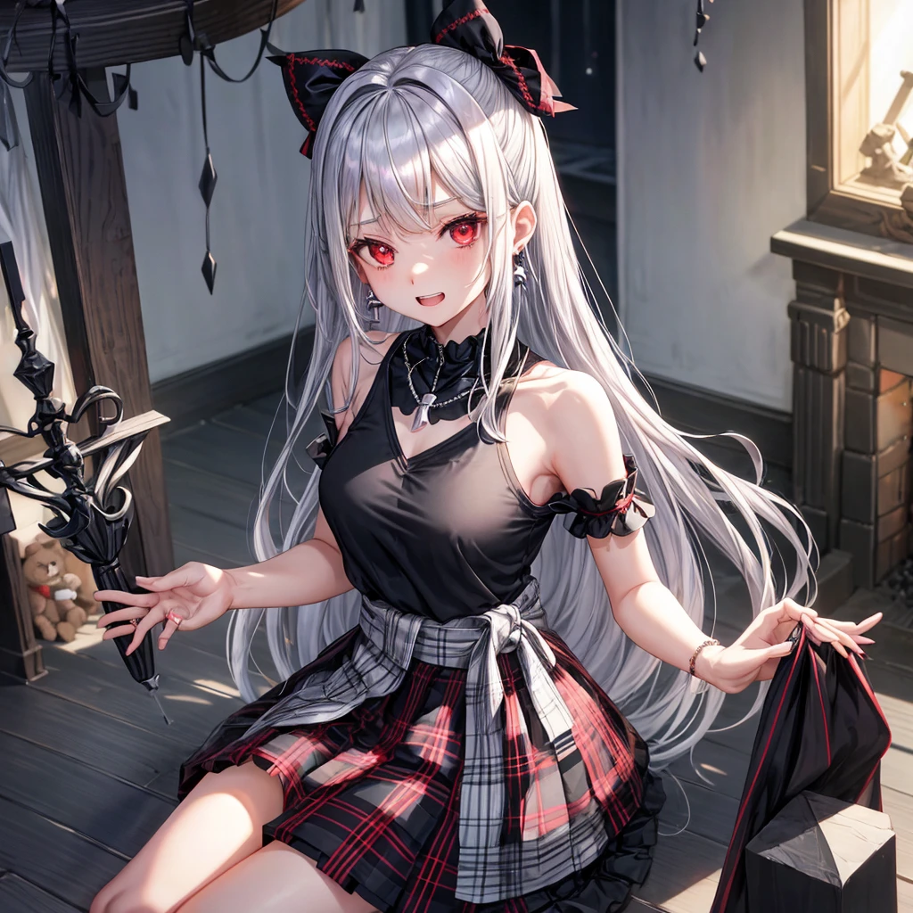 silver hair、red eyes、one good looking girl、solo、anime、plaid mini skirt、black camisole、black t-shirt、robe、wearing a ribbon、ribbon at waist、stones are piled up、crystal earrings、jewelry necklace、Light and shadow、tilting one&#39;s face、teeth are visible、pillar、skylight、fireplace、Holding a stuffed bear