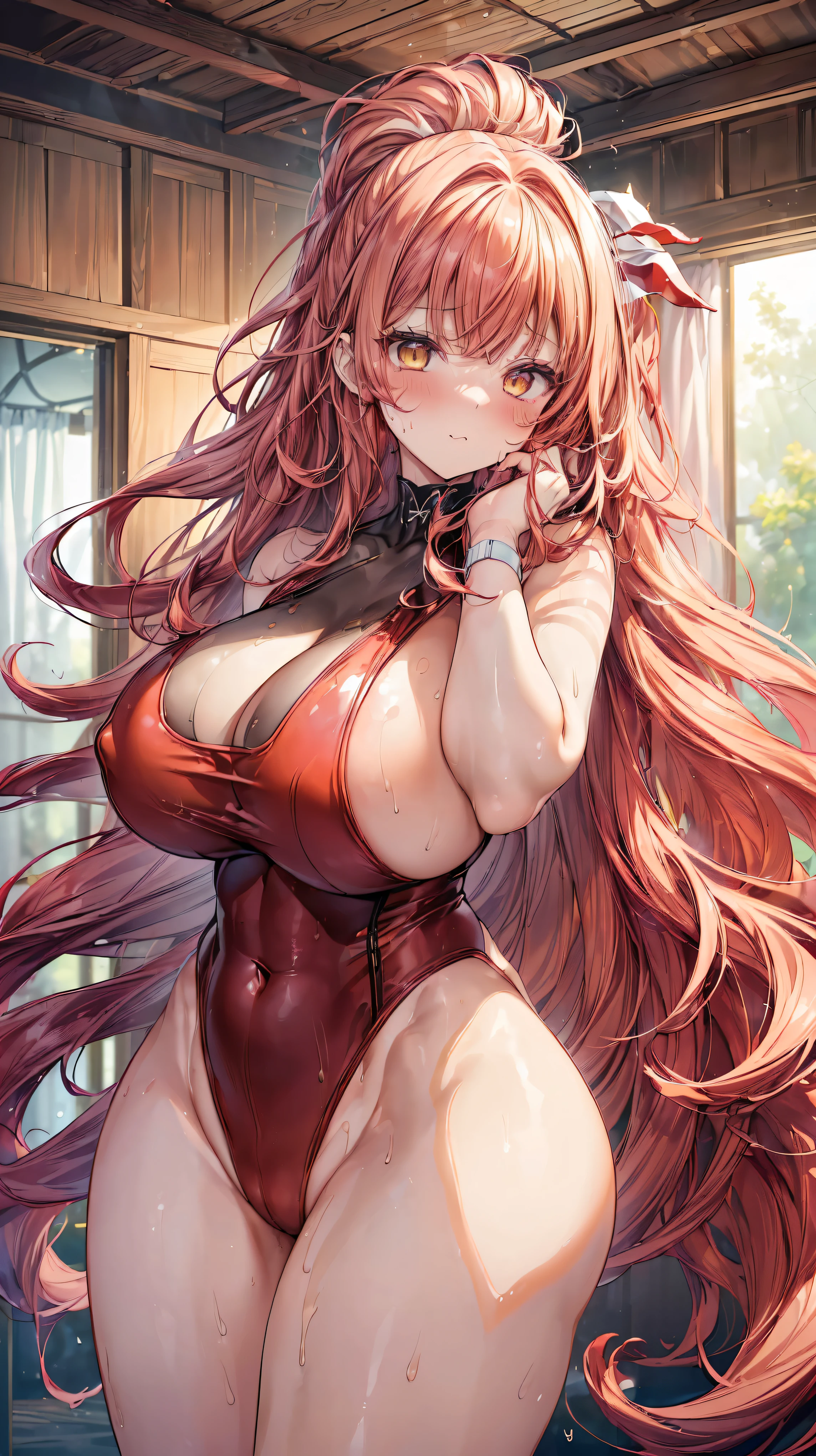 (two women:1.5)、sensual、((red wavy hair))、thick thighs、8K、4k、highest quality、(High resolution:1.6)、cute anime face、noise reduction、((shining yellow eyes、high detail eyes、Sweat、blush、open your mouth))、(((SFW huge body:1.3)))、(thong leotard:1.5)、Rear view、butt