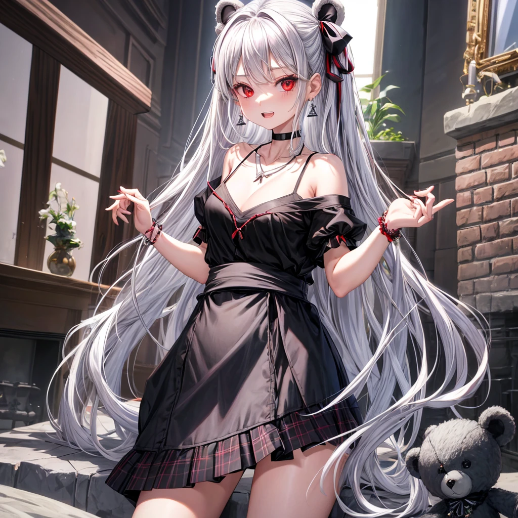 silver hair、red eyes、one good looking girl、solo、anime、plaid mini skirt、black camisole、black t-shirt、robe、wearing a ribbon、ribbon at waist、stones are piled up、crystal earrings、jewelry necklace、Light and shadow、tilting one&#39;s face、teeth are visible、pillar、skylight、fireplace、Holding a stuffed bear