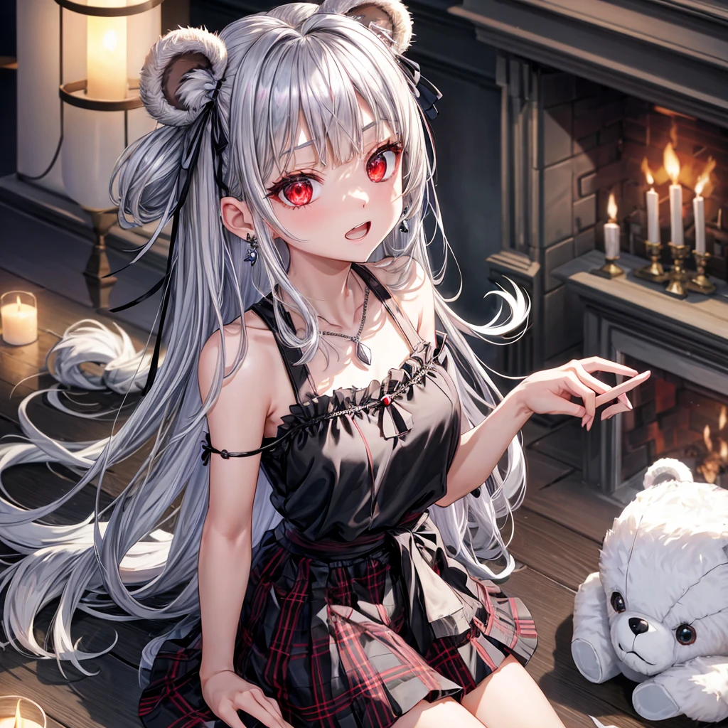 silver hair、red eyes、one good looking girl、solo、anime、plaid mini skirt、black camisole、black t-shirt、robe、wearing a ribbon、ribbon at waist、stones are piled up、crystal earrings、jewelry necklace、Light and shadow、tilting one&#39;s face、teeth are visible、pillar、skylight、fireplace、Holding a stuffed bear