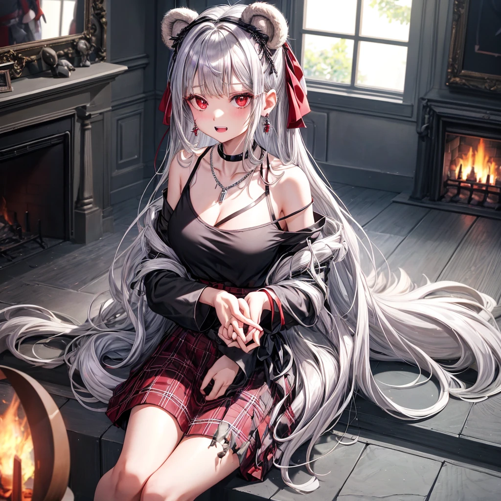 silver hair、red eyes、one good looking girl、solo、anime、plaid mini skirt、black camisole、black t-shirt、robe、wearing a ribbon、ribbon at waist、stones are piled up、crystal earrings、jewelry necklace、Light and shadow、tilting one&#39;s face、teeth are visible、pillar、skylight、fireplace、Holding a stuffed bear