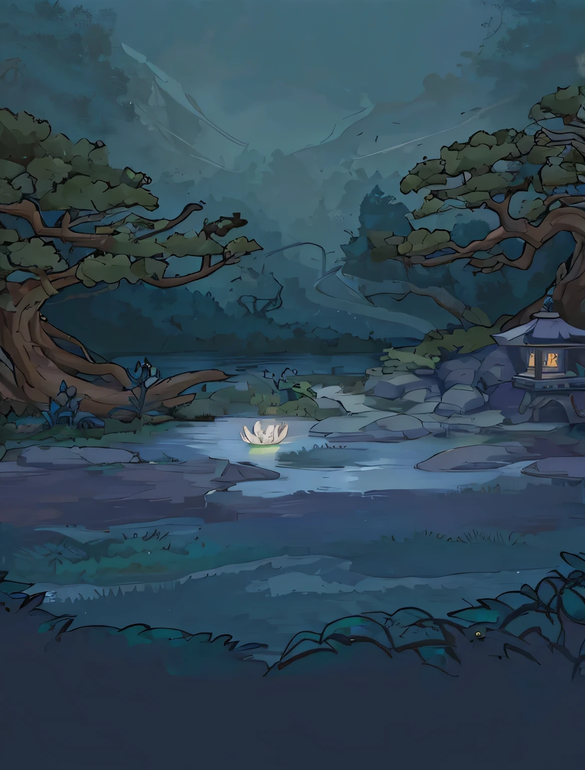 Cartoon illustration of pond with trees and bridge, background artwork, background art, zen temple background, 2D game art background, Mysterious forest lagoon, Elf forest background, cartoon moody scene, 2d Game background, Mysterious temple setting, mobile Game background, moonlit forest environment, temple background, Fairy tale style background, Night forest background, Game background