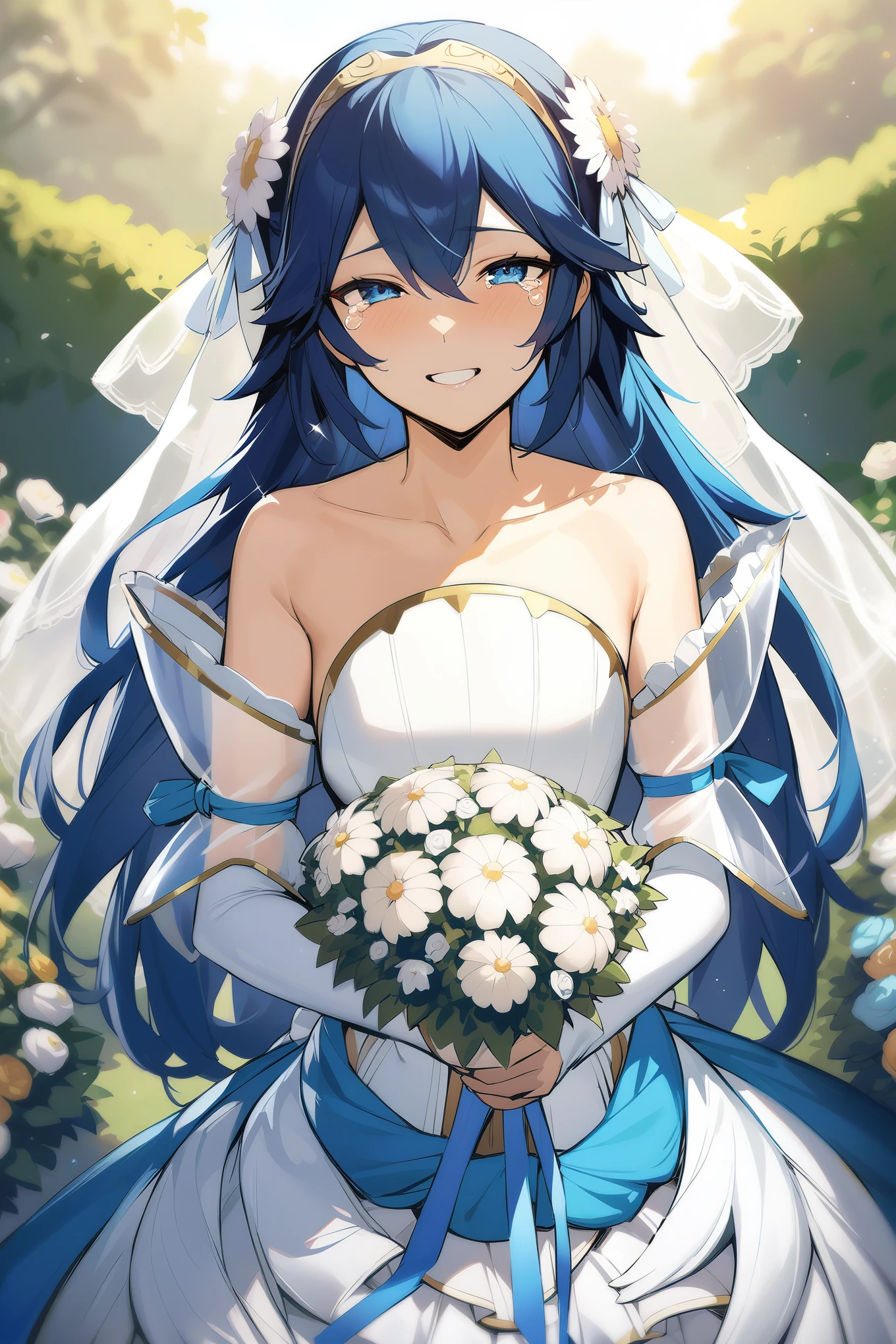 masterpiece, best quality, solo, 1girl brdLucy, tiara, bridal veil, hair flower, white flower, wedding dress, strapless, see-through sleeves, white sleeves, garden, flowers, bouquet, looking at viewer, smile, grin, tears in eyes, cowboy shot