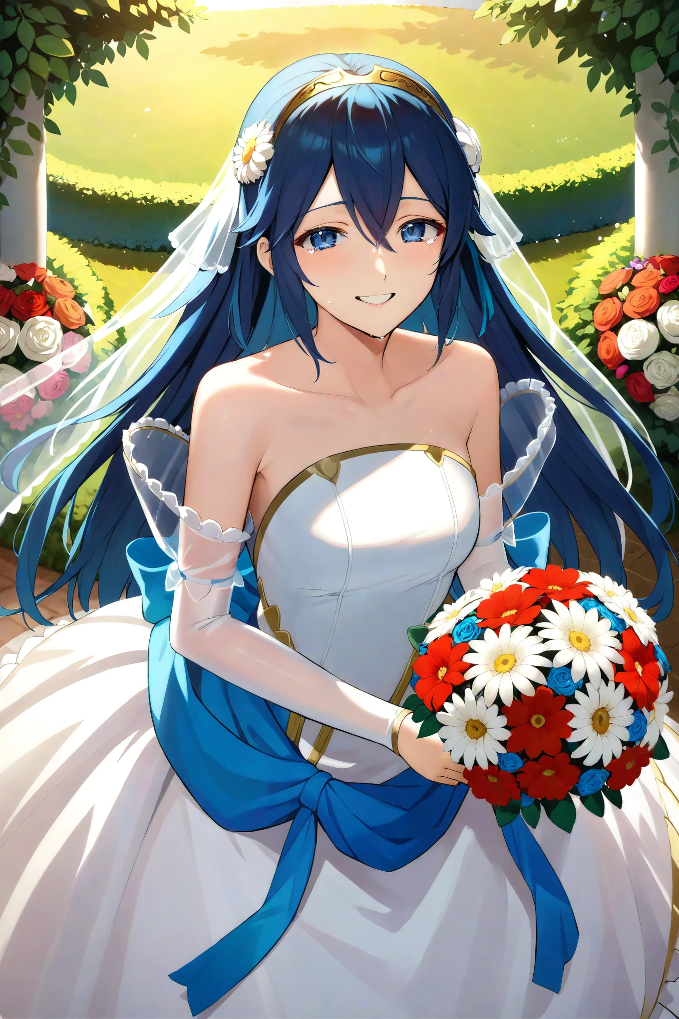 masterpiece, best quality, solo, 1girl brdLucy, tiara, bridal veil, hair flower, white flower, wedding dress, strapless, see-through sleeves, white sleeves, garden, flowers, bouquet, looking at viewer, smile, grin, tears in eyes, cowboy shot