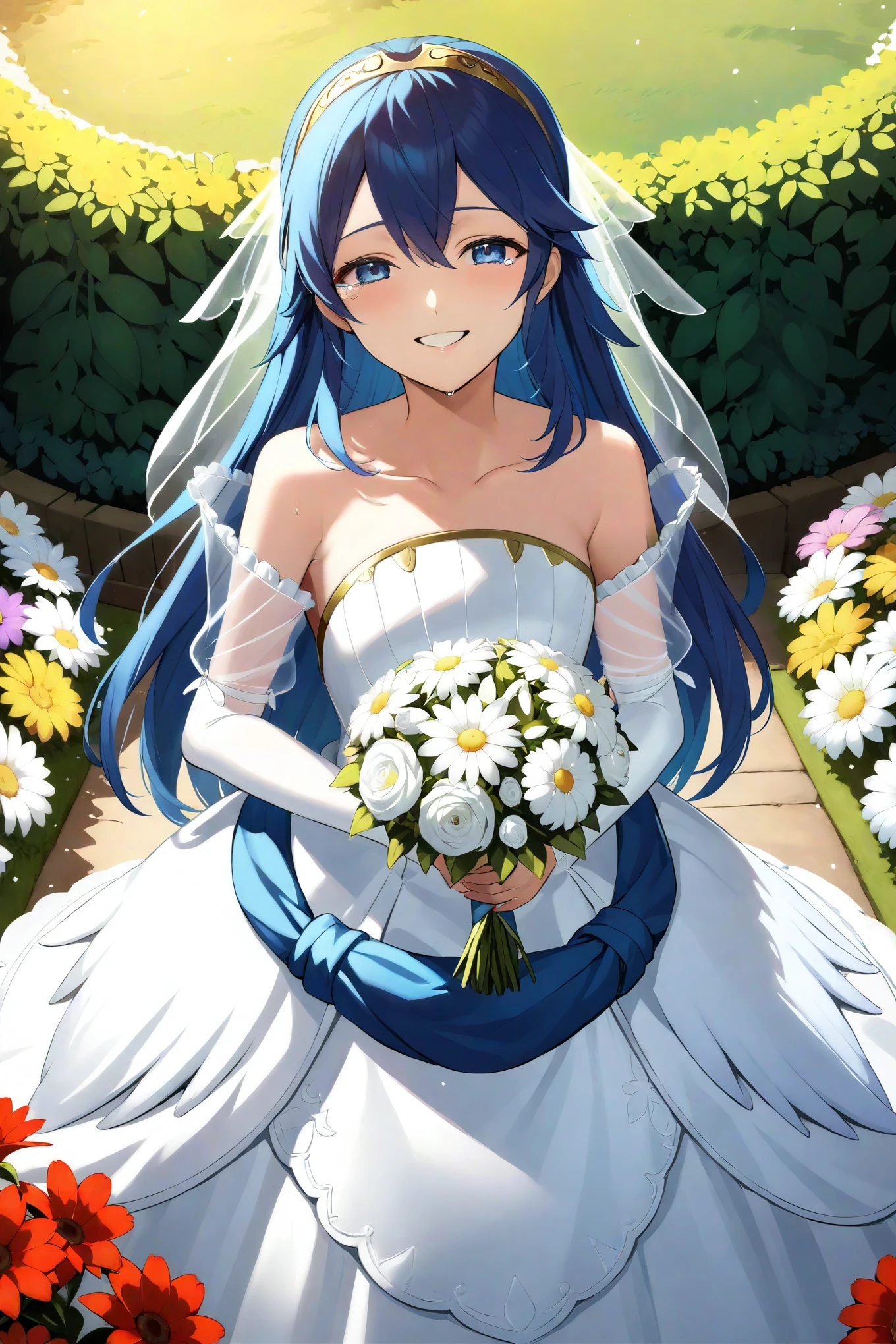 masterpiece, best quality, solo, 1girl brdLucy, tiara, bridal veil, hair flower, white flower, wedding dress, strapless, see-through sleeves, white sleeves, garden, flowers, bouquet, looking at viewer, smile, grin, tears in eyes, cowboy shot