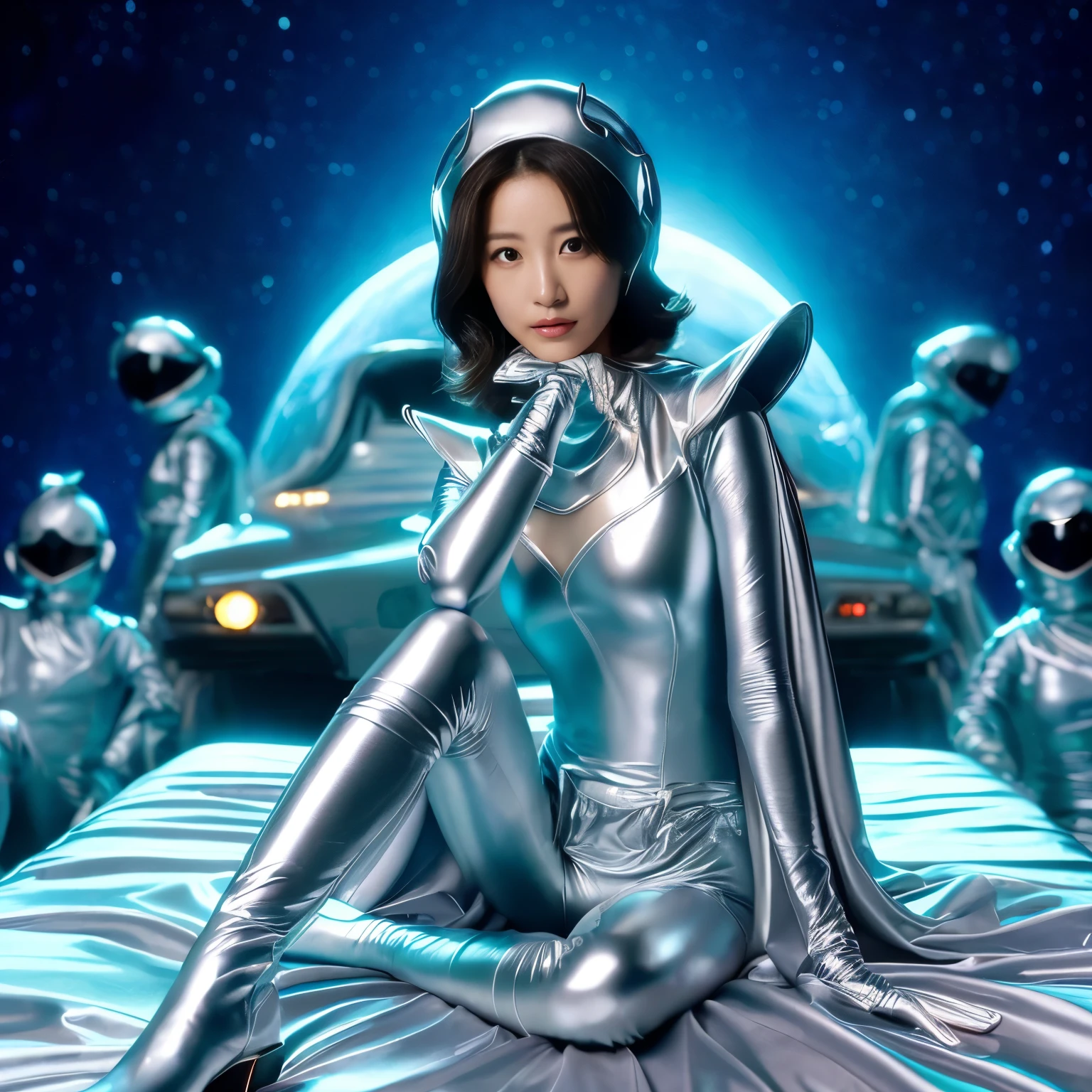 best image quality、Super high resolution、(realism:1.4)、Korean beauty star、The most beautiful KPOP star、horny face、Horny Korean makeup、erotic expression、A body that makes you want to touch it、erotic photos、((Realistic shiny satin fabric texture、High-gloss stretch satin fabric that is smooth and smooth to the touch.、The drape of the curved part of the shiny satin fabric、strong shiny costume、The smooth and beautiful quality and luster of the costumes、A shiny costume made of high-quality satin fabric with high density.、Smooth to the touch oil light liang ice 縝绸 ultra-class battleship skin coat COS、Super Sentai Women's Heroine Suit、Texture of costumes that satin fetishists respond to、Thin, glossy stretch satin fabric)),8K photo quality