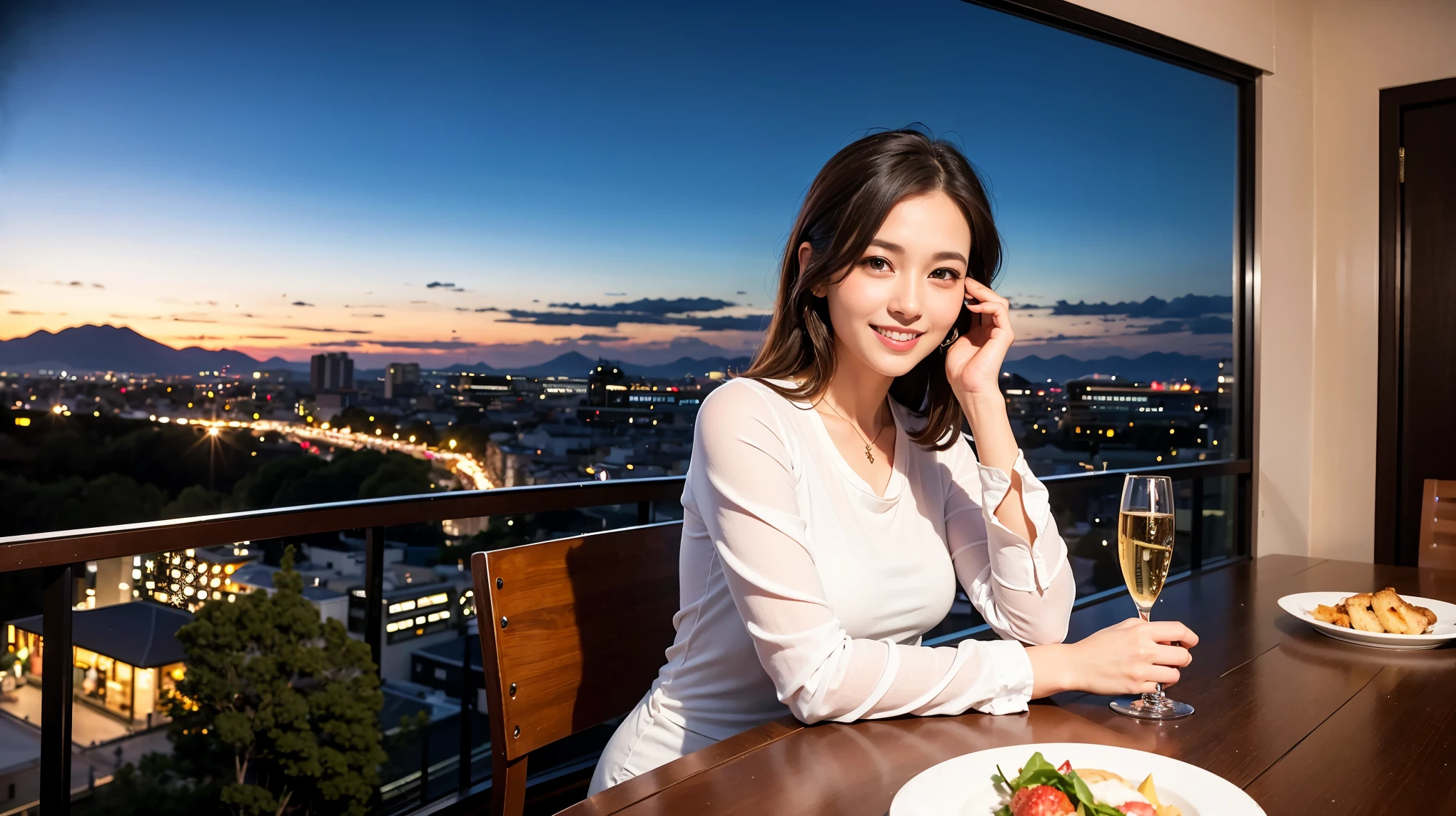 K, Hmm, highest quality, masterpiece: 1.2), (realistic, photorealistic: 1.37), Spectacular view of the sunset sky and clouds、Amazing mountain views、ニコニコ明るいsmile、3 slim beauties, (slim face),Happy、 the best smile、Fox face、Berry Short、(because I&#39;thin), (brown hair), (shortcut), long sleeve shirt、winter fashion、Colombian、Brazilian、Japanese、Dutch、German、Portuguese、Belgian、Italian、French,Champagne、sparkling wine、 (Squirting), (slim body), (brown hair), (shortcut), neat beauty、cheeks turn a little red, (42 years old), 38 years old, alone, A beautiful and detailed night view spreads out outside the window........, restaurant, wine glass is sitting, At night, in a prominent place (from the Upper body) nova frog style, actress, model, Upper body, White wine, slim, wine glass, Very beautiful night view, wine glass Put in the Middle, Happy smile, (smile: 1.15), 