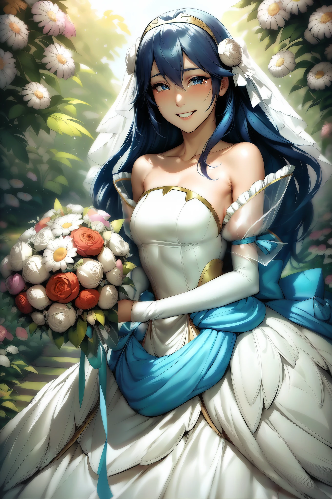 masterpiece, best quality, solo, 1girl brdLucy, tiara, bridal veil, hair flower, white flower, wedding dress, strapless, see-through sleeves, white sleeves, garden, flowers, bouquet, looking at viewer, smile, grin, tears in eyes, cowboy shot